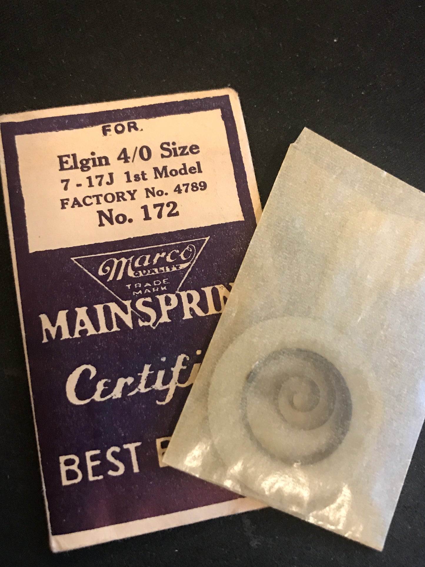 Marco Mainspring #172 for 4/0s Elgin 1st Model Factory No. 4789 - Steel