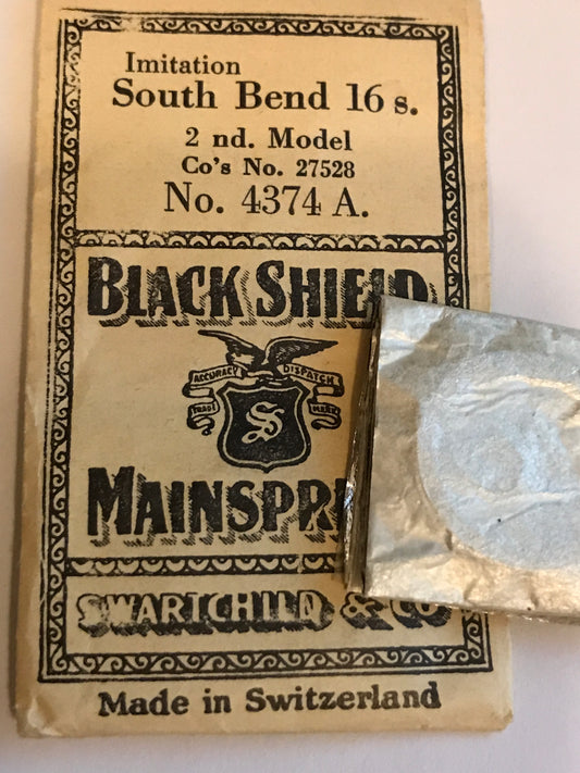 Swartchild Black Shield Mainspring #4374A for 16s South Bend No. 27528 - Steel