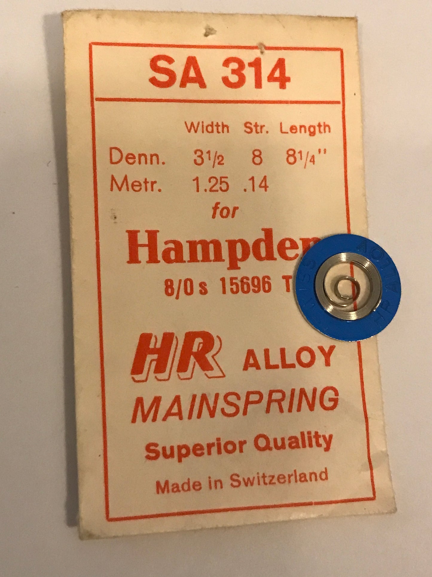 HR Mainspring SA314 for 8/0s Hampden Factory No. 15696 - Alloy
