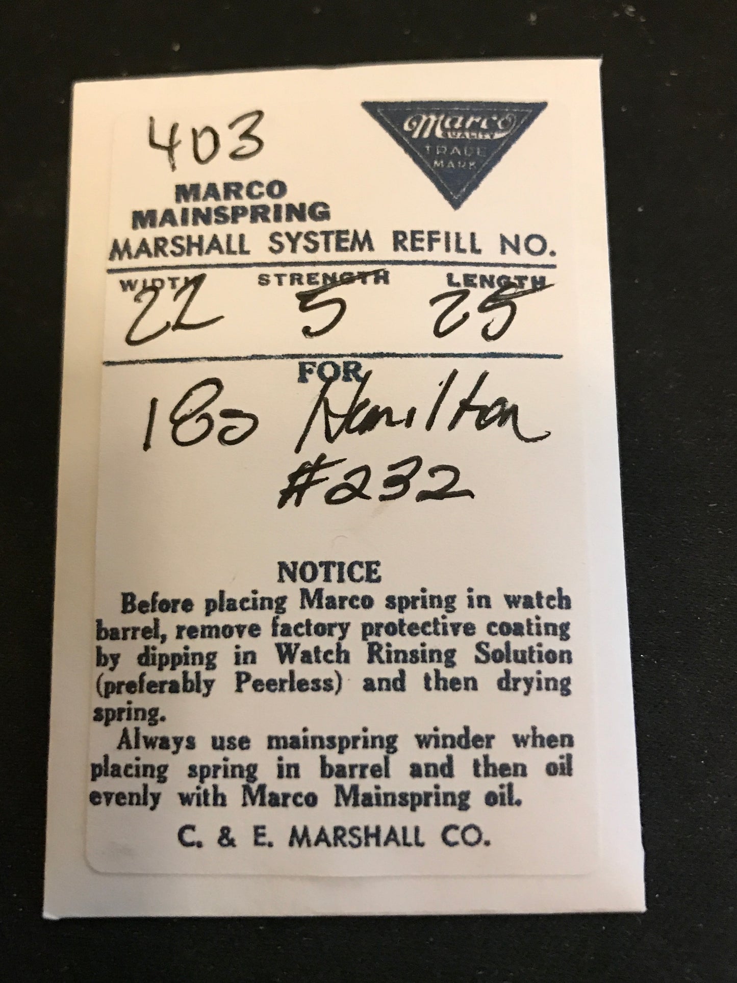 Marco Mainspring #403 for Hamilton 18s Factory No. 232 - Steel
