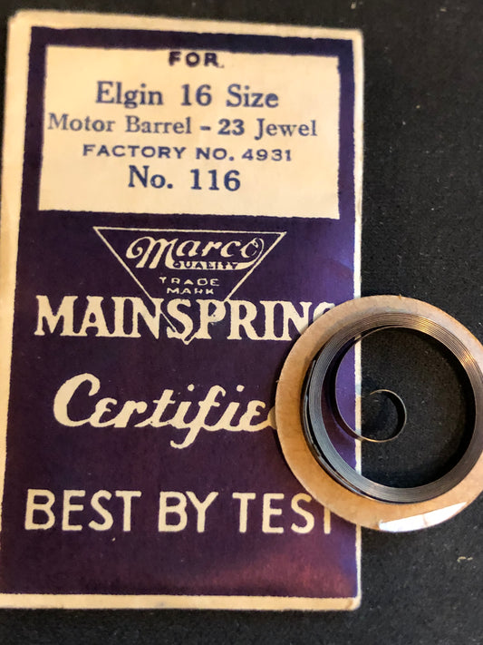 Marco Mainspring #116 for 16s Elgin 23j Motor Barrel No. 4931 - Steel