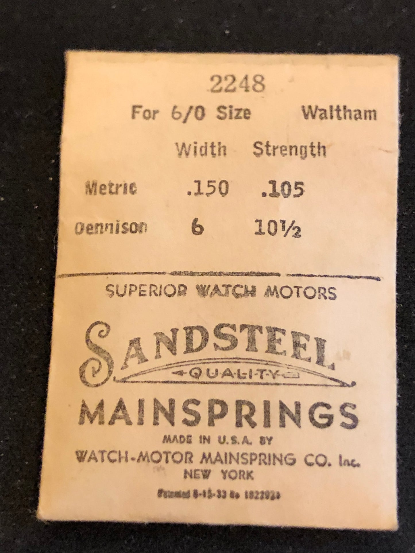Sandsteel Mainspring for Waltham 6/0s C Size 1945 Model No. 2248 - Steel