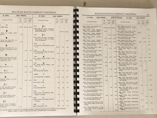 Waltham Watch Material Catalog 1909 edition - reprint