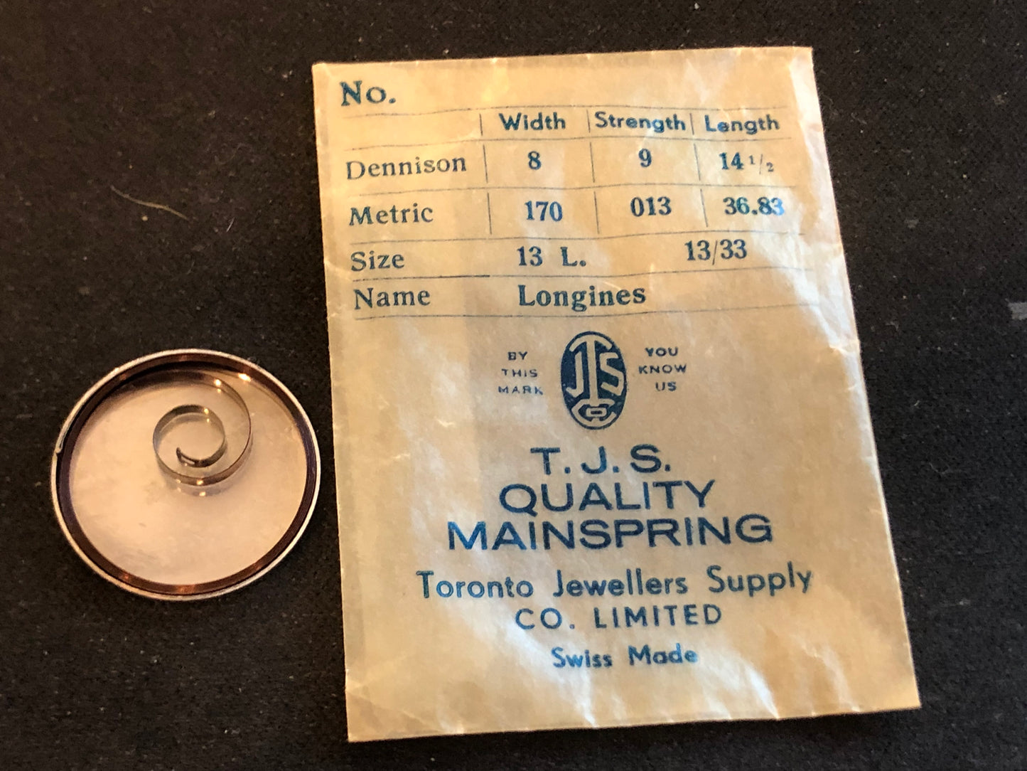 T.J.S. Mainspring for Longines 13L caliber 13.33 movements - steel