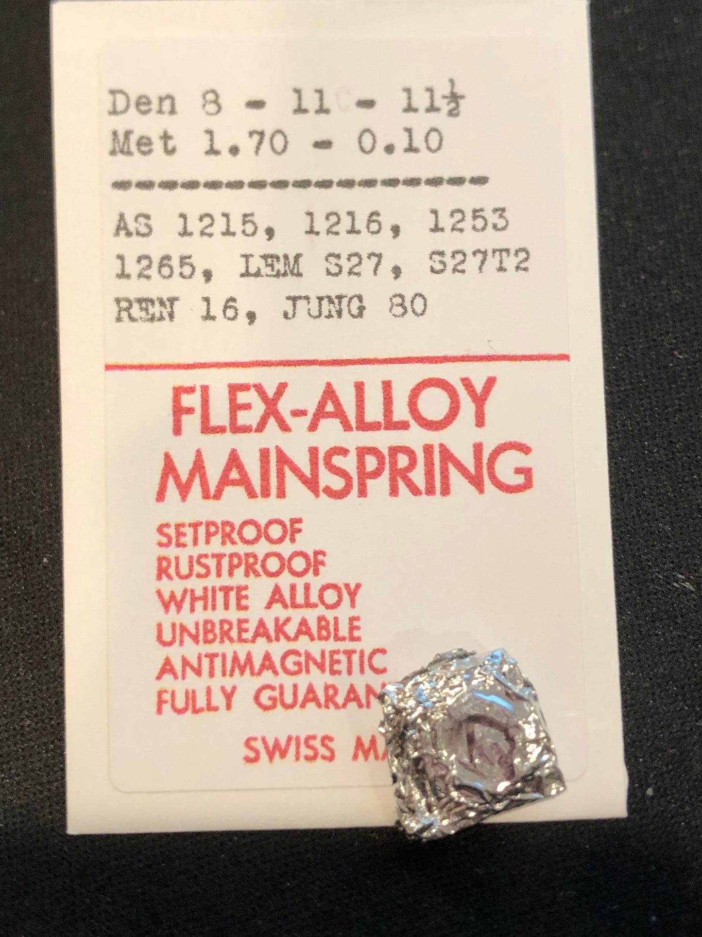 Flex-Alloy Mainspring for AS 1215, 1216, 1253, 1265, Lemania S27, S27T2 - Alloy