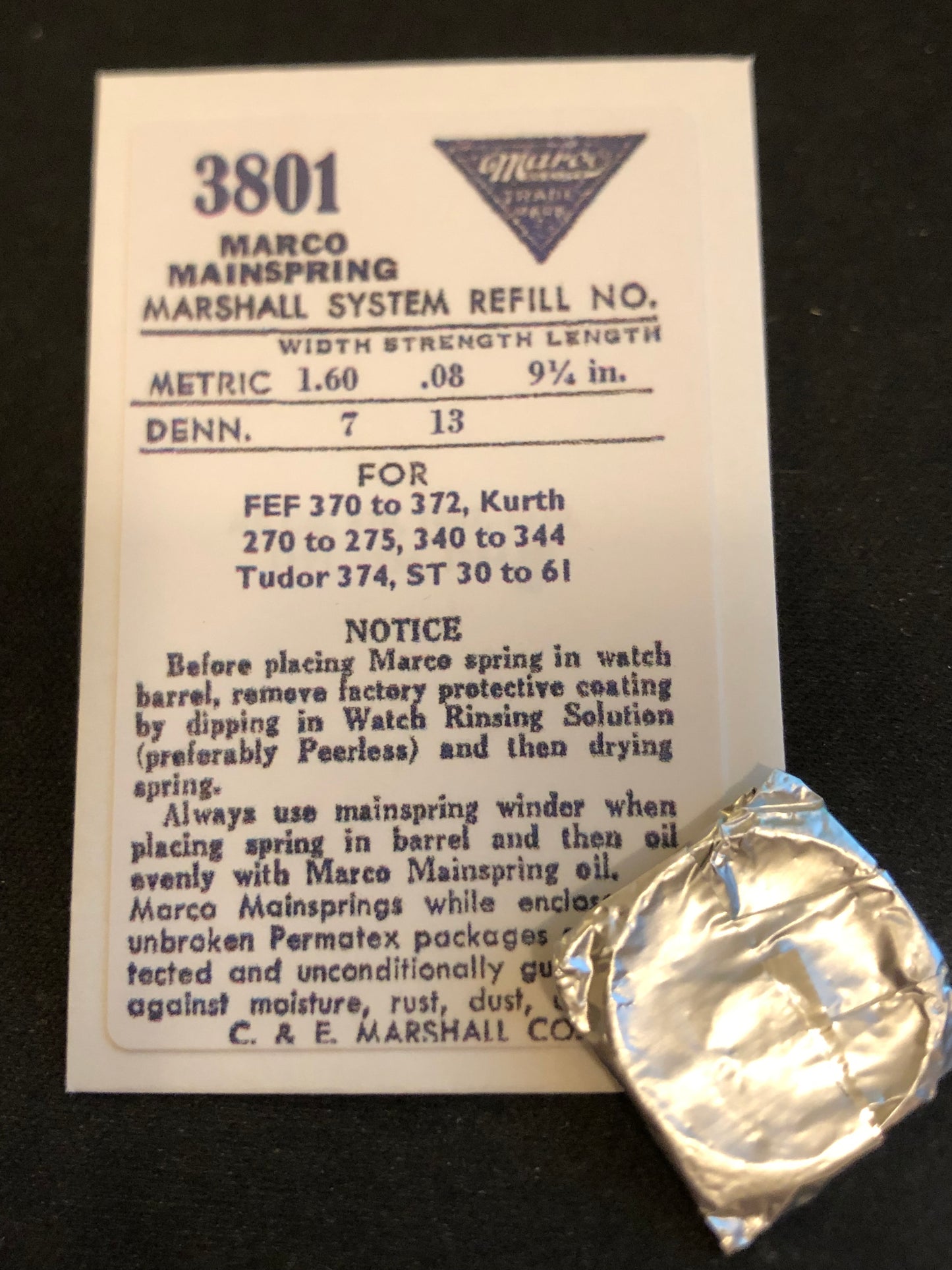 Marco Mainspring #3801 for FEF 370-372, Kurth 270-275, 340-344, Tudor 374 - Steel