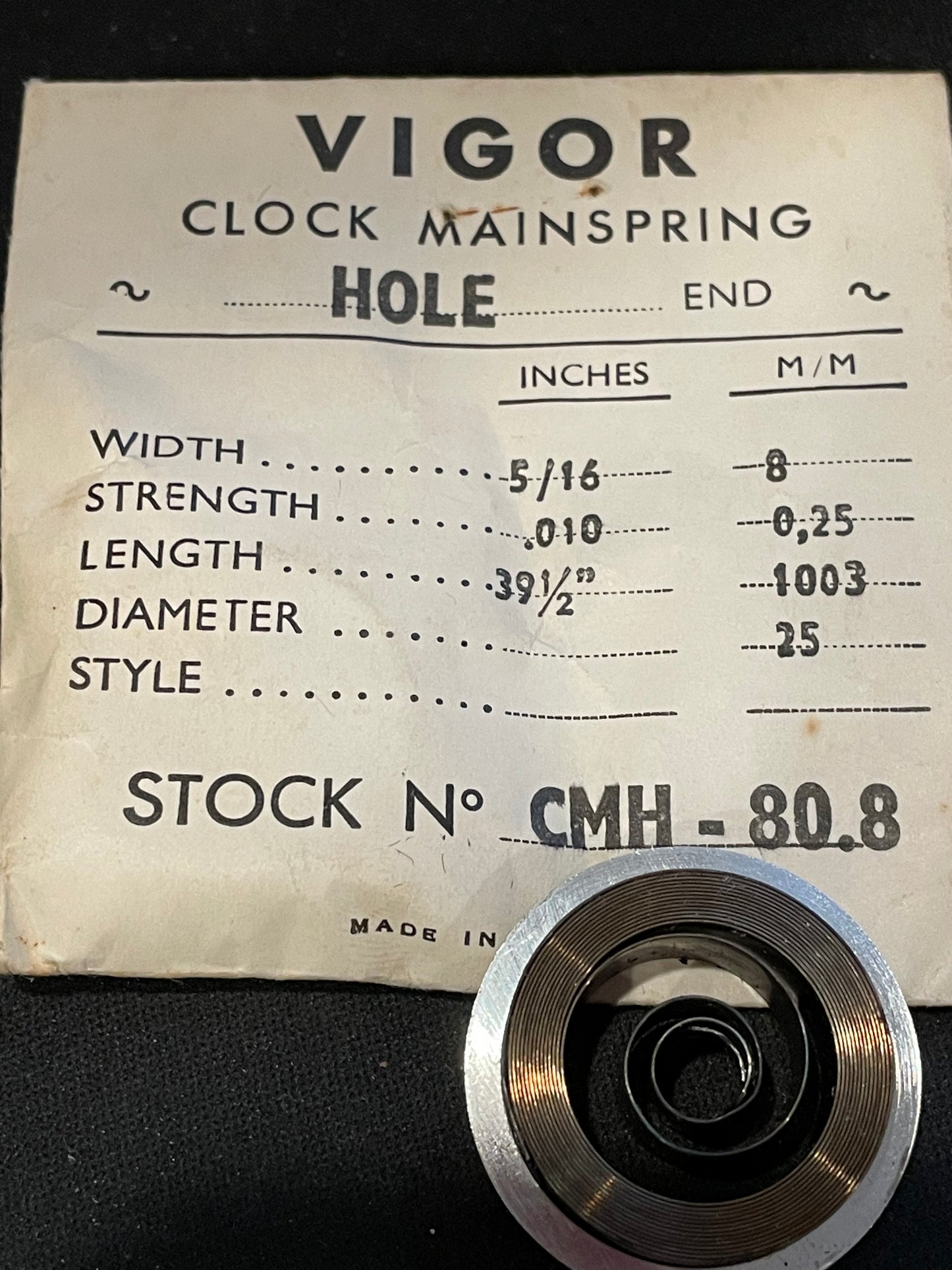 Vigor HOLE End Clock Mainspring - 5/16" x .010" x 39½" Long - CMH 80.8
