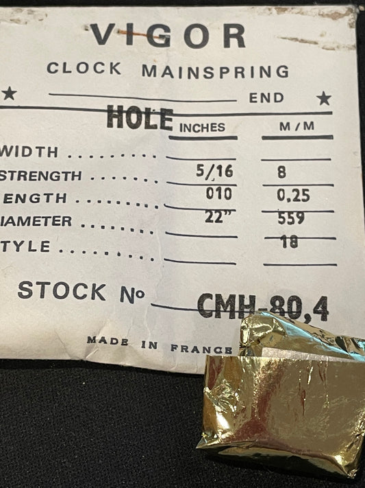 Vigor HOLE End Clock Mainspring - 5/16" x .010" x 22" Long - CMH 80.4