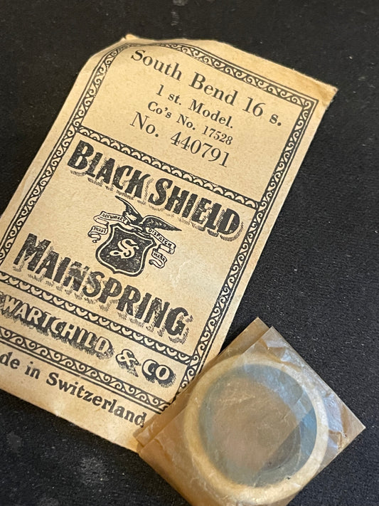 Swartchild Black Shield Mainspring #440791 for 16s South Bend No. 17528 - Steel