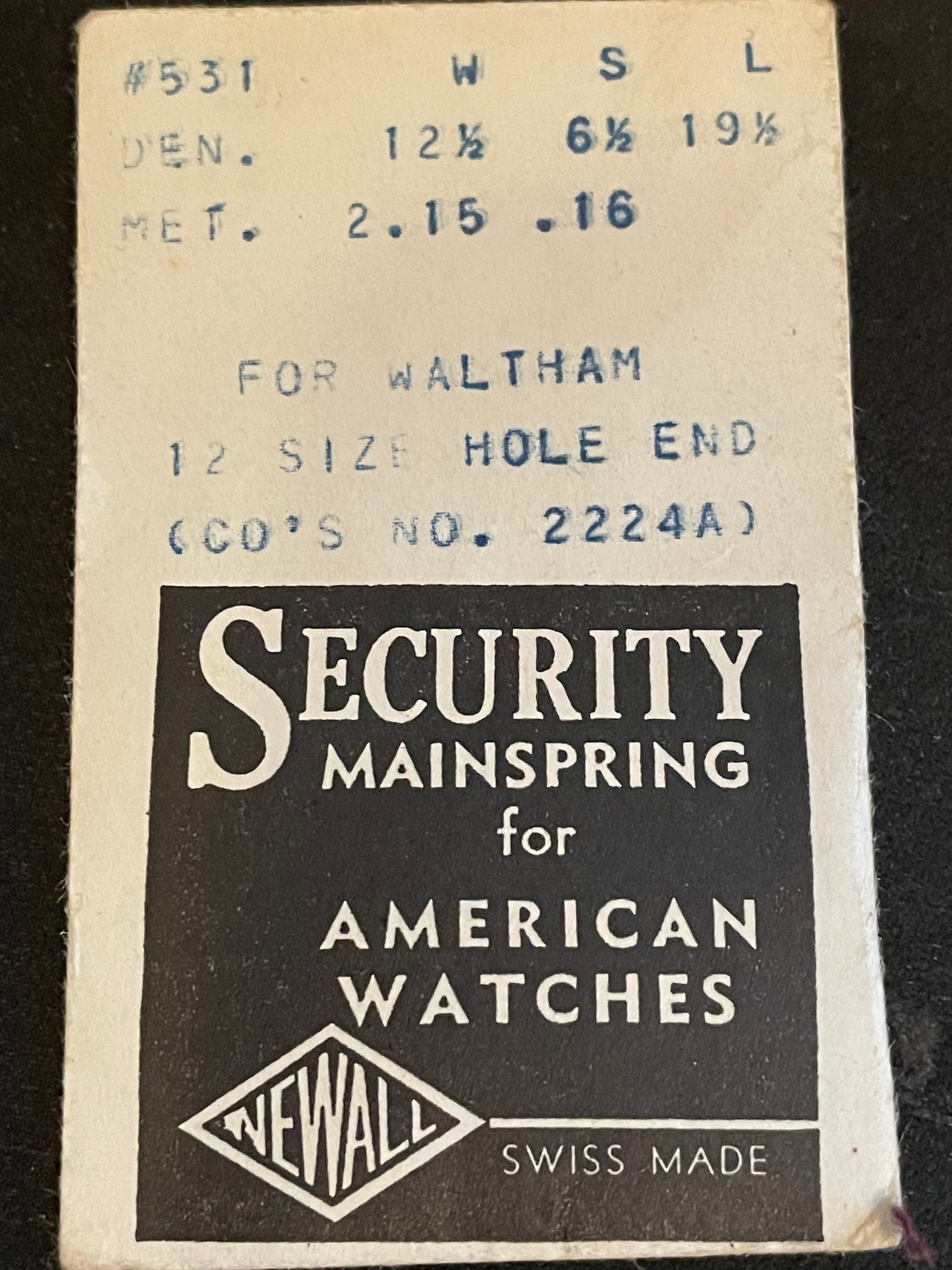 Newall SUPER Security Mainspring #531 for 12s Waltham No. 2224A - Alloy