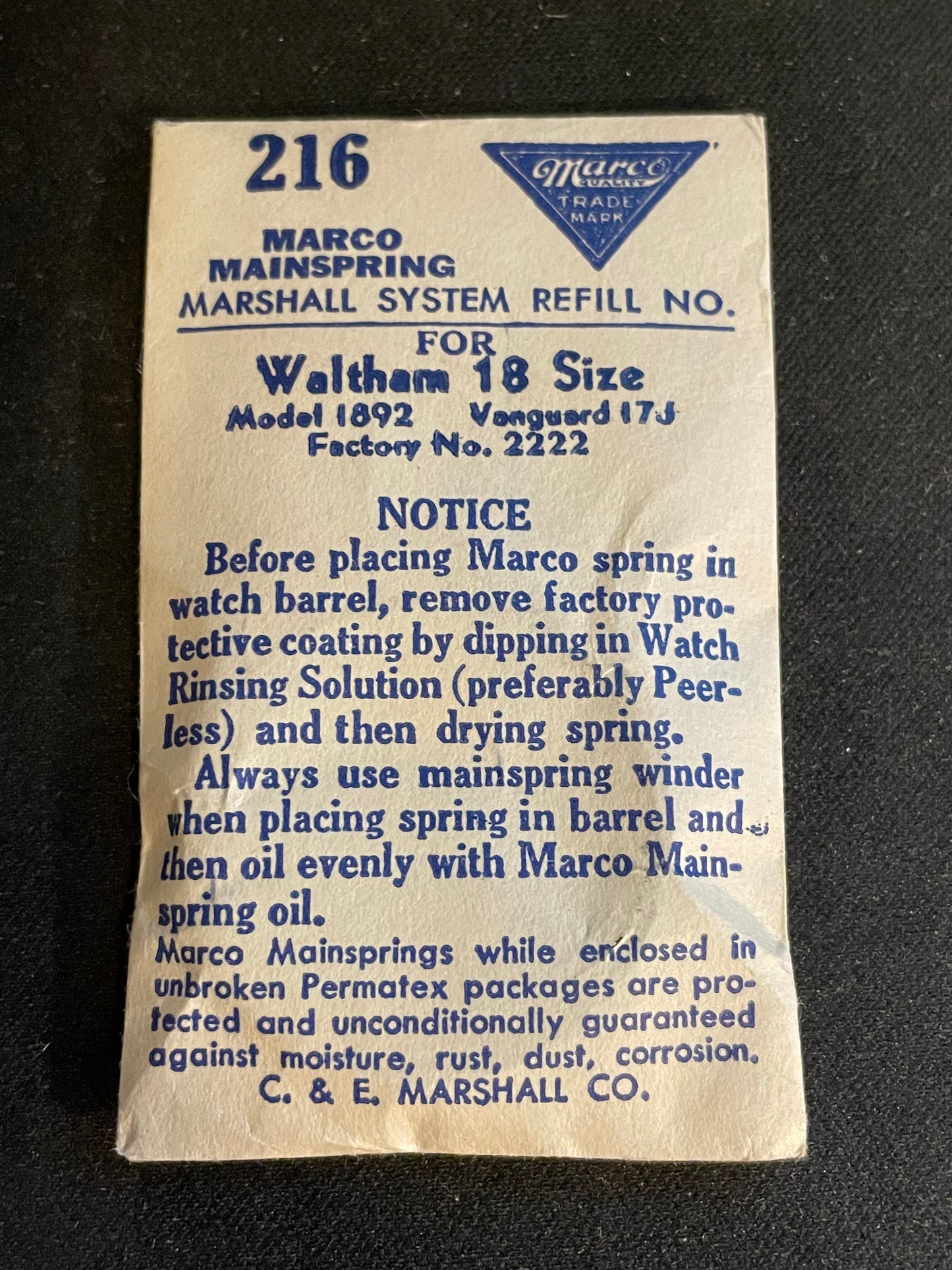 Marco Mainspring #216 for 18s Waltham 17j Model 1892 No. 2222 - Steel
