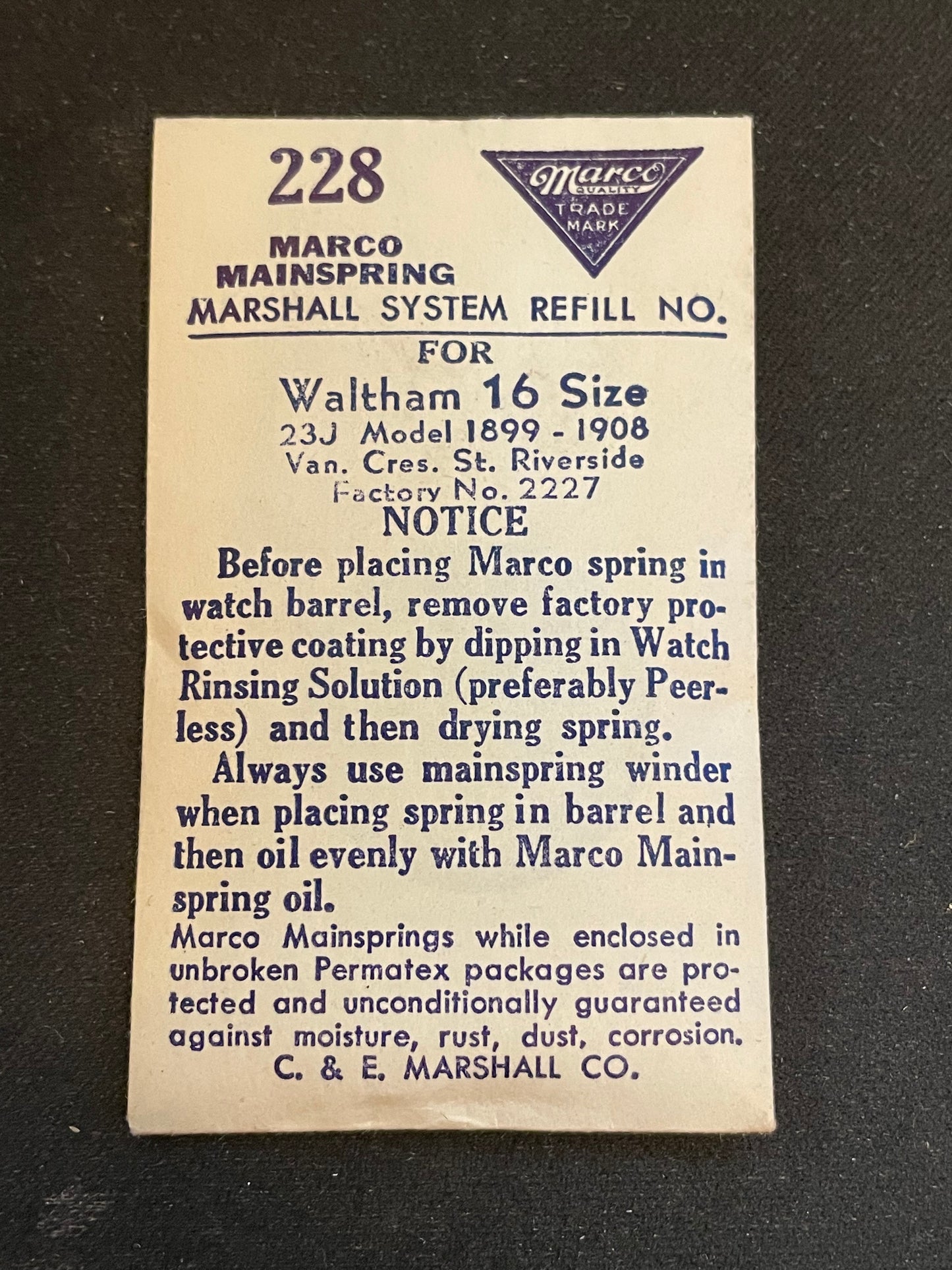 Marco Mainspring #228 for Waltham 16s 23j Factory No. 2227 - Steel