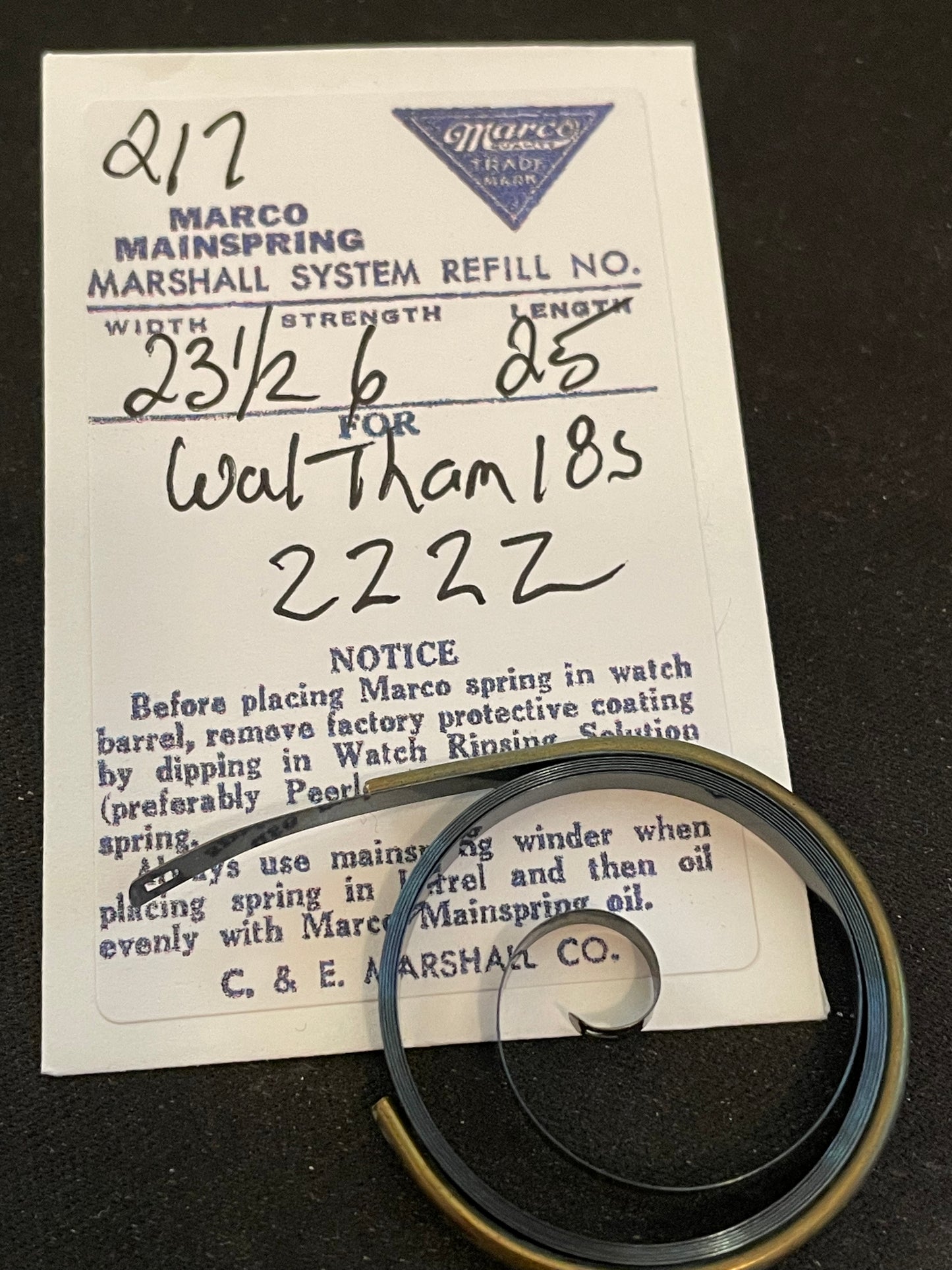 Marco Mainspring #217 for 18s Waltham 21j Model 1892 No. 2222 - Steel
