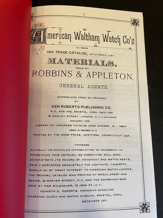 American Waltham Watch Co's Materials & Net Price List, 1885 edition - reprint
