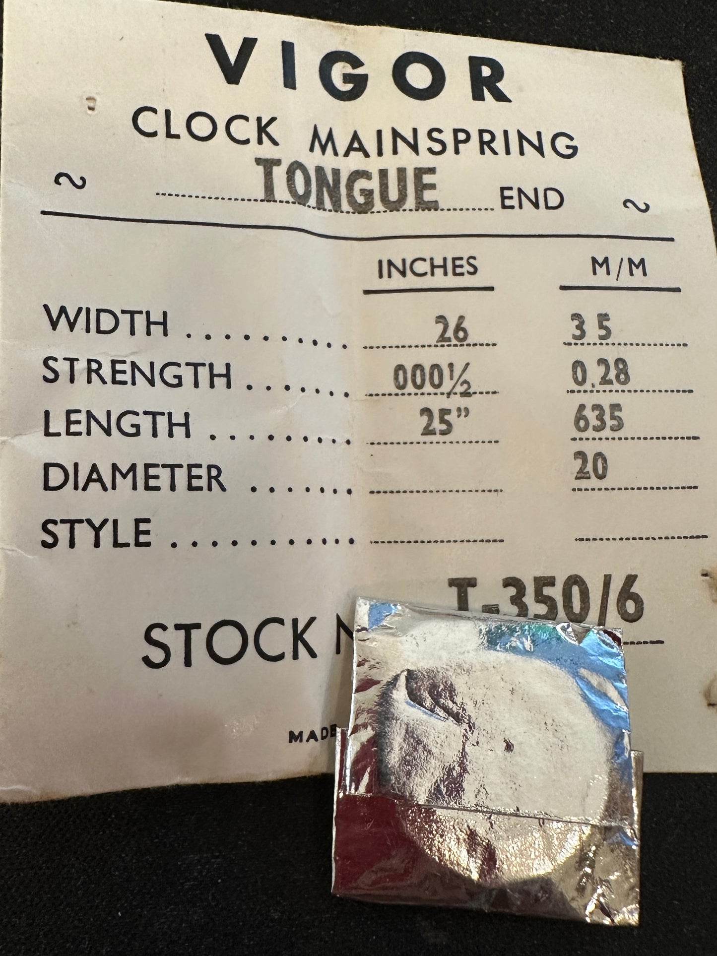 Vigor TONGUE End Clock Mainspring - 26 x 3/0½ x 25" Long - T 350-6