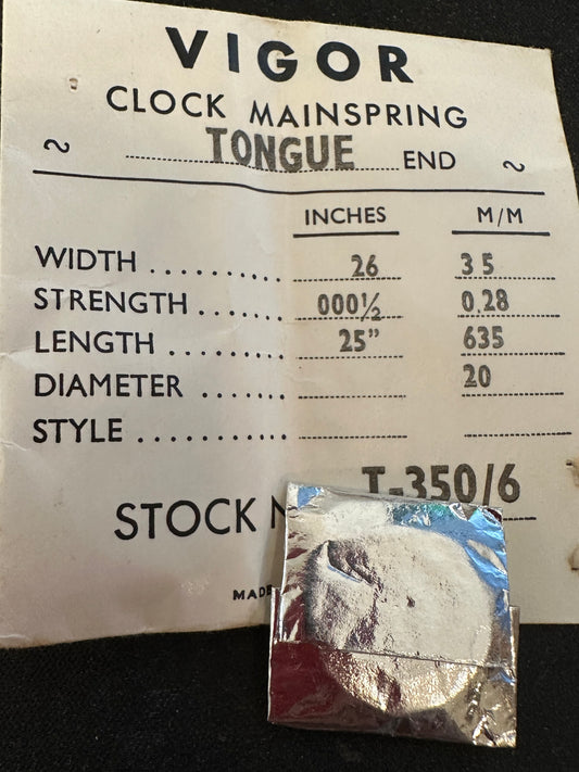 Vigor TONGUE End Clock Mainspring - 26 x 3/0½ x 25" Long - T 350-6