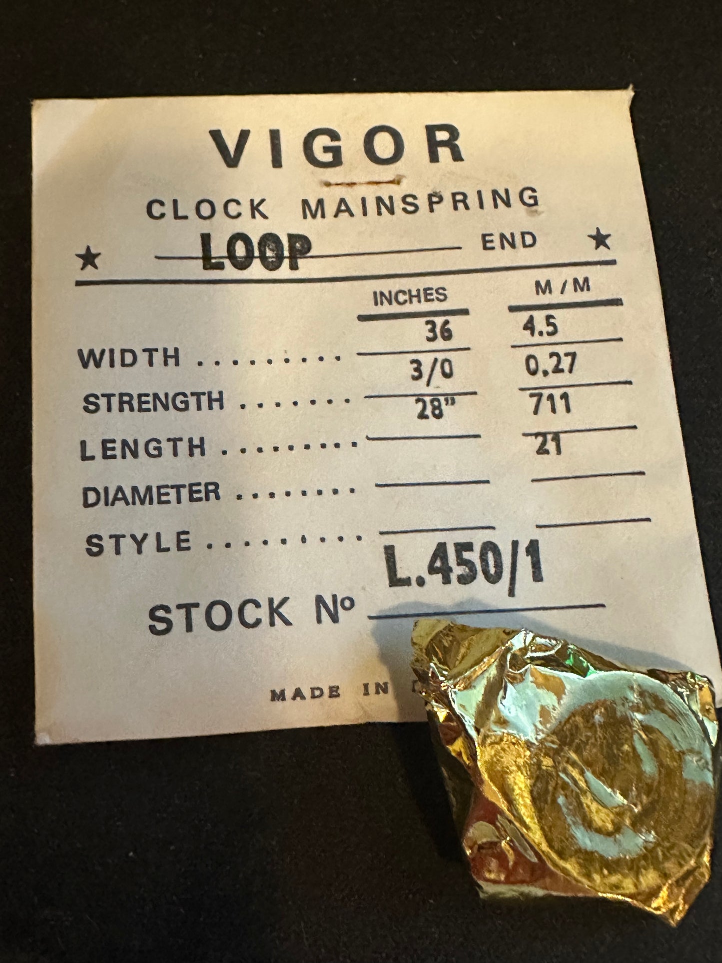 Vigor Open Loop Clock Mainspring - 36 x 3/0 x 28" Long - L 450/1
