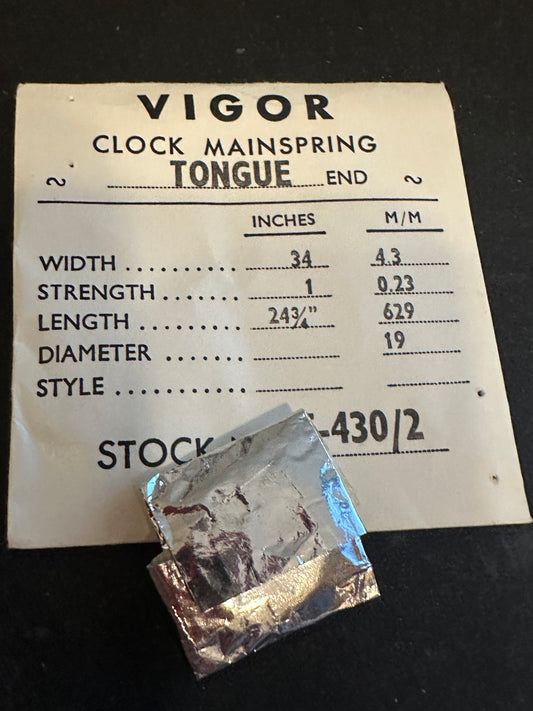 Vigor TONGUE End Clock Mainspring - 34 x 1 x 24¾" Long - T 430/2