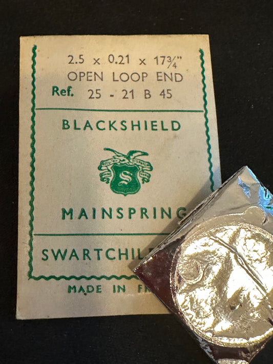 Swartchild Black Shield Clock Mainspring 2.5 x .21 mm x 17¾" Ref 25-21 B 45