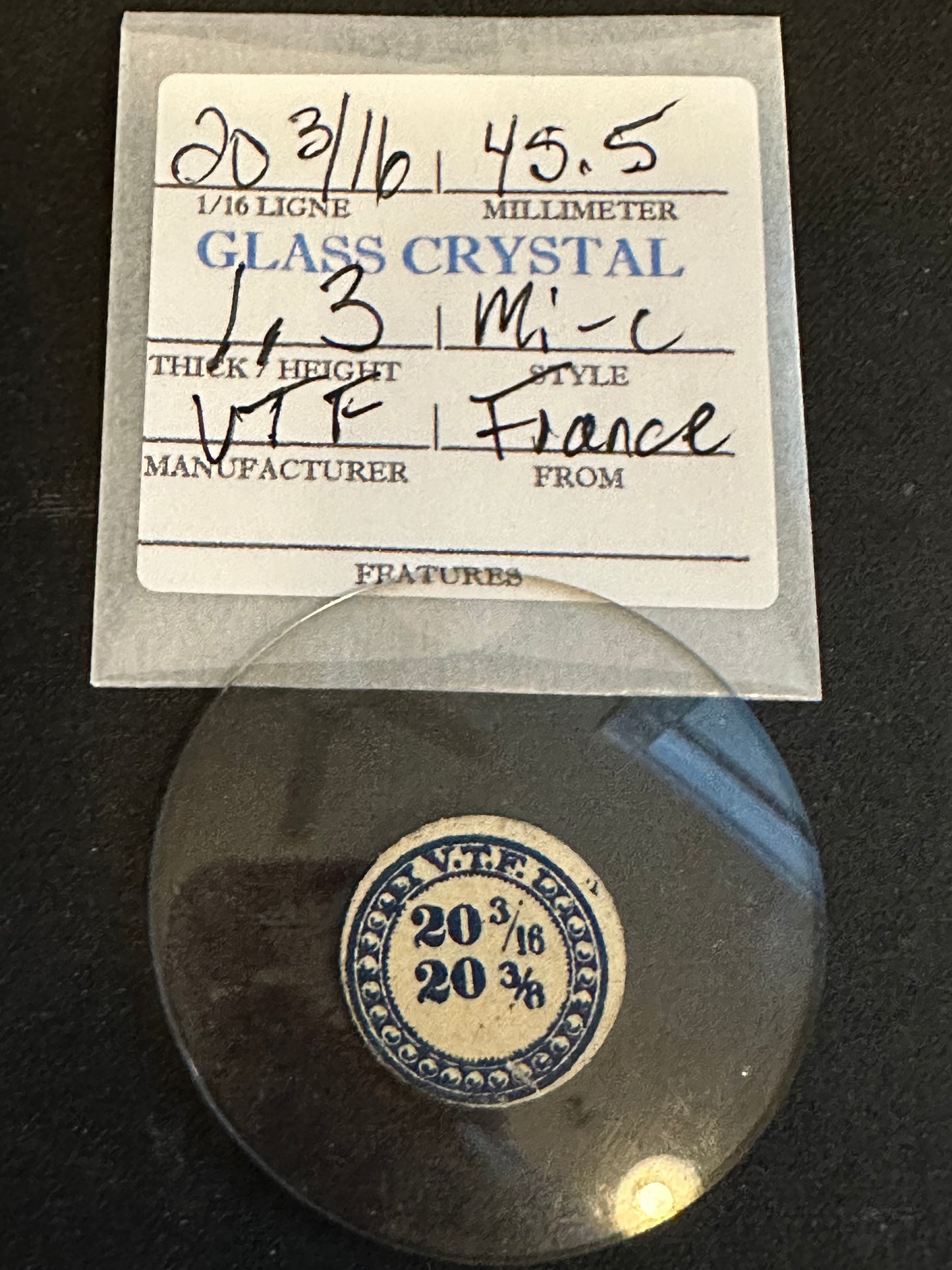 VTF Vintage Glass Pocket Watch Crystal 20-3/16 (~45.5mm) - NOS