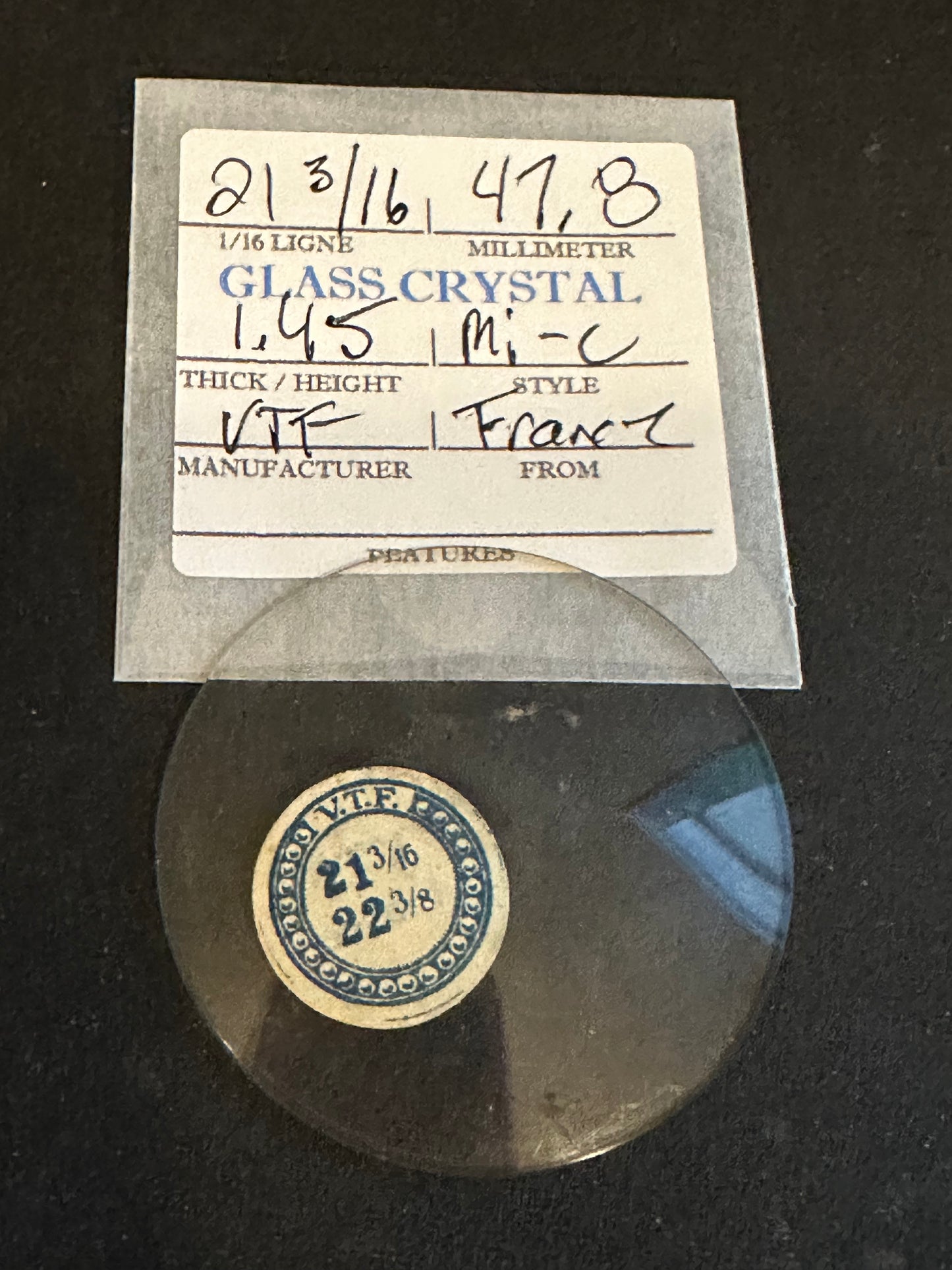 VTF Vintage Glass Pocket Watch Crystal 21-3/16 (~47.8mm) - NOS