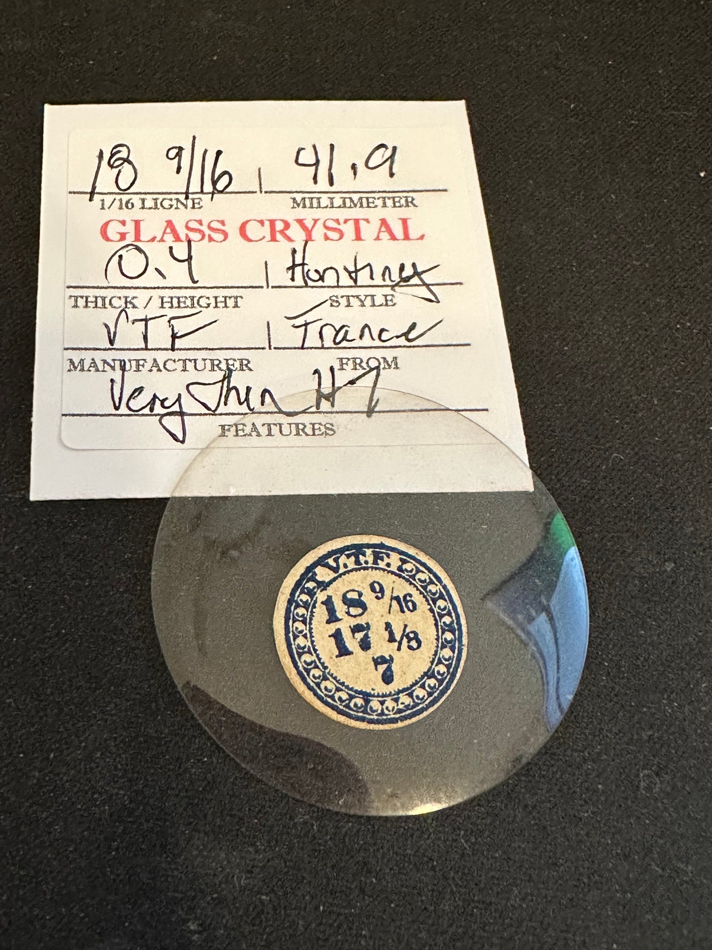 VTF Vintage Glass Hunting Case Watch Crystal 18-9/16 (~41.9mm) - NOS