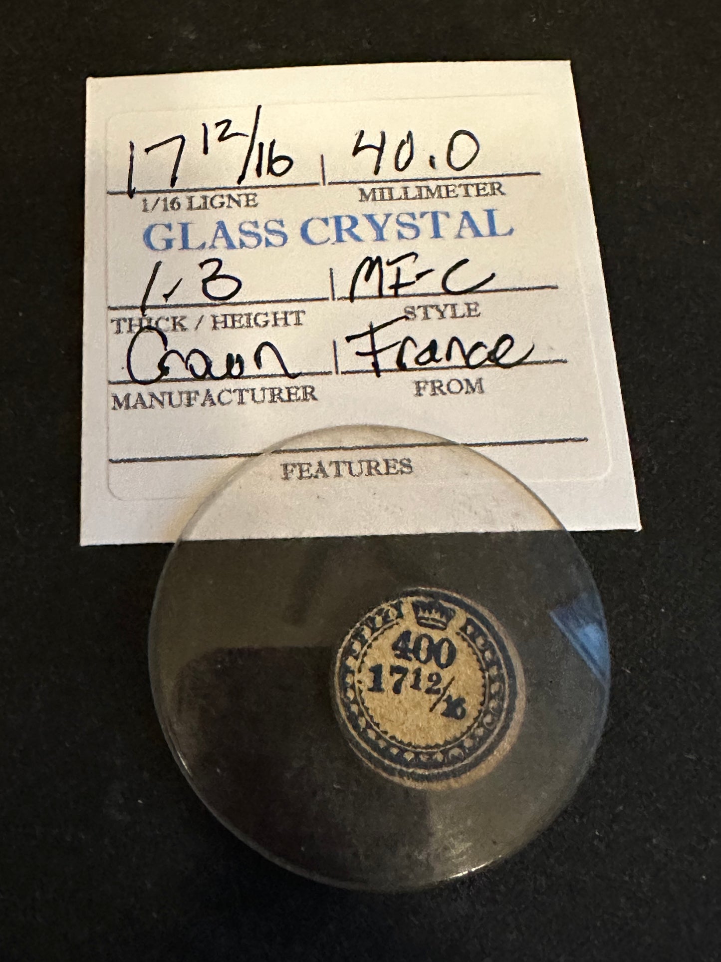 Crown Vintage Glass Pocket Watch Crystal 17-12/16 (~40.9mm) - NOS