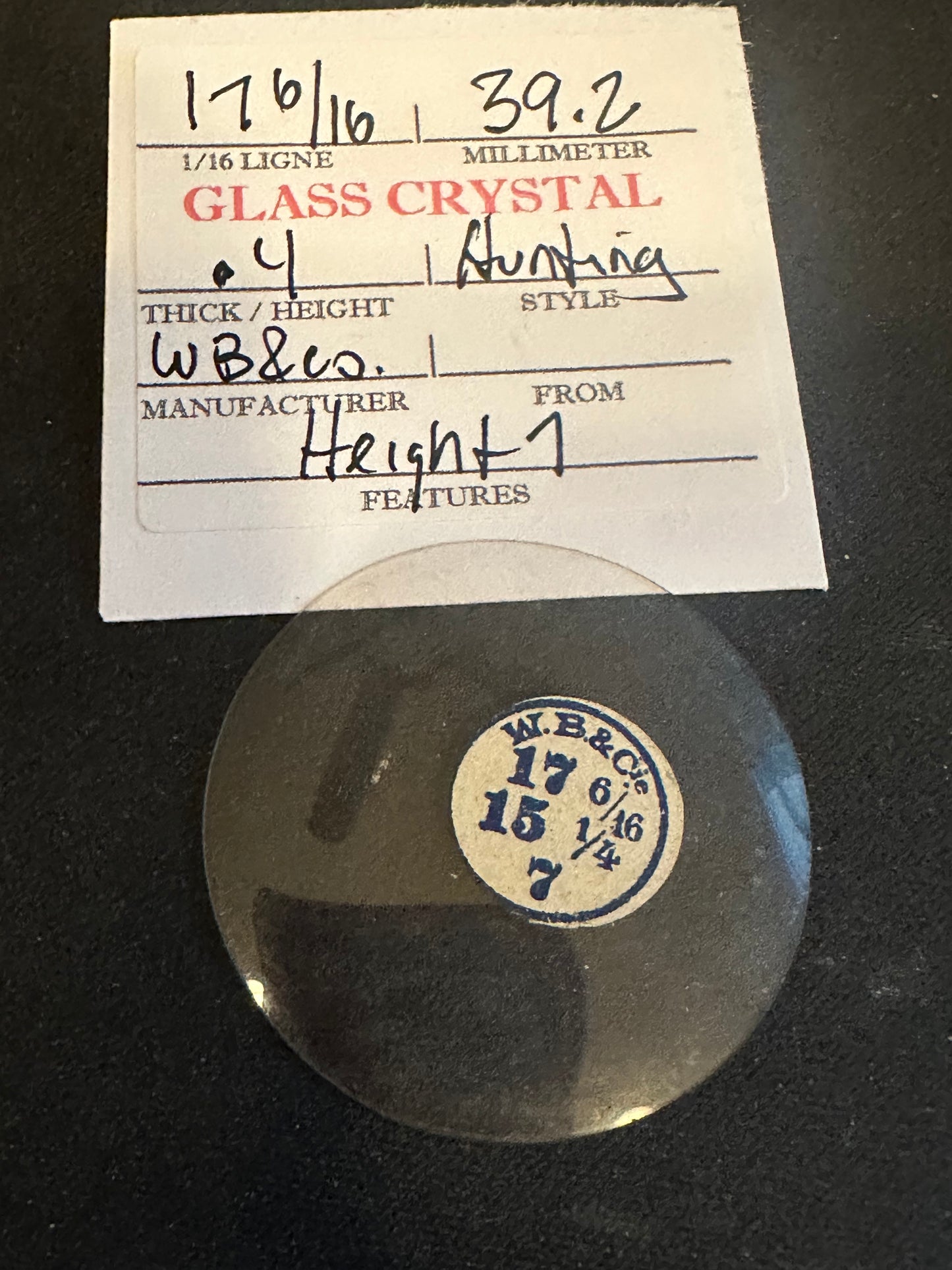 W. B. & C. Vintage Glass Hunting Case Watch Crystal 17-6/16 (~39.2mm) - NOS