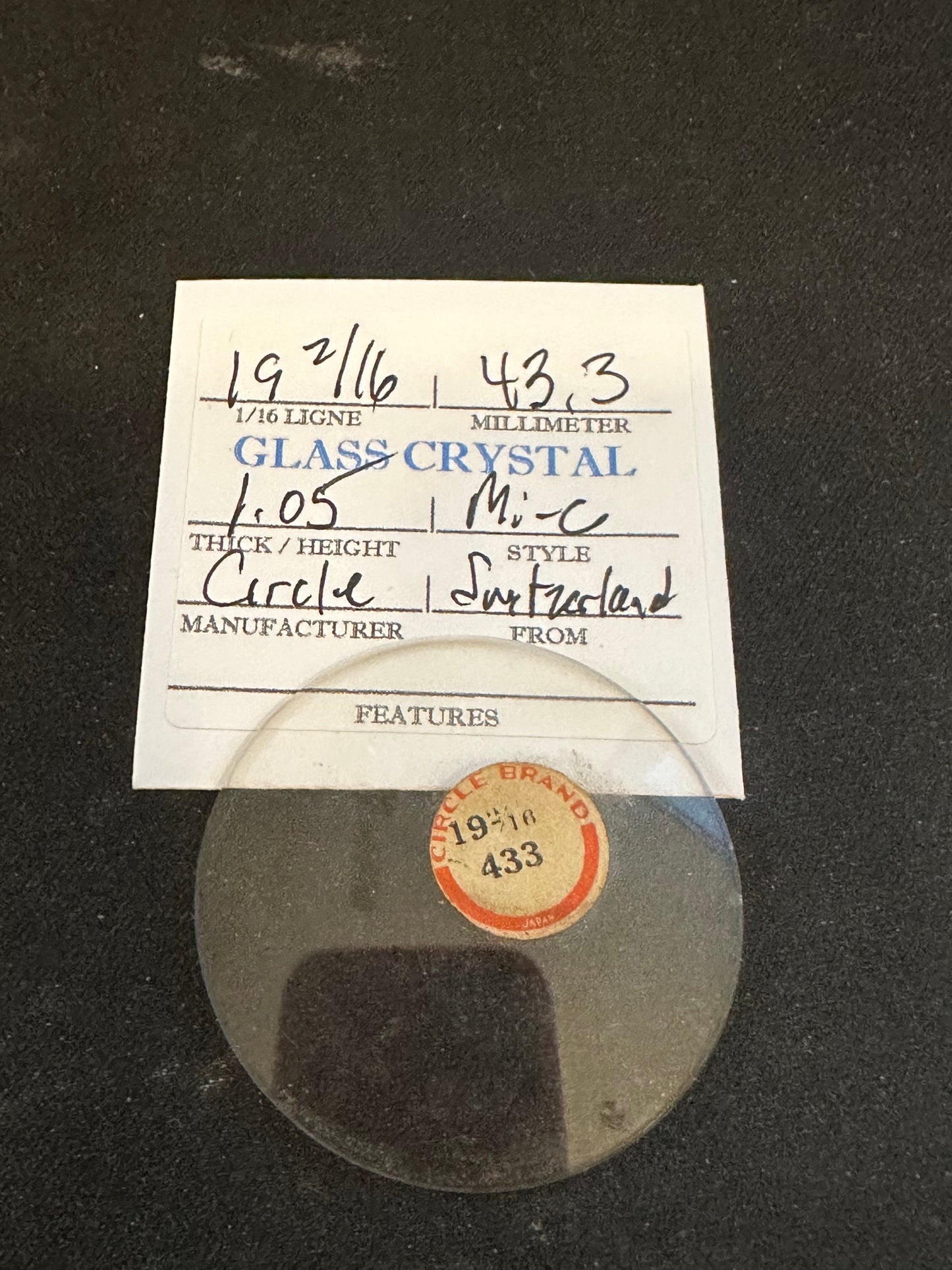 Circle Brand Vintage Glass Pocket Watch Crystal 19-2/16 (~43.3mm) - NOS