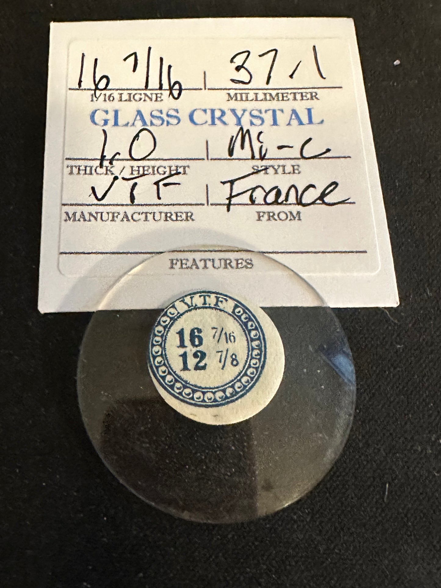 VTF Vintage Glass Pocket Watch Crystal 16-7/16 (~37.1mm) - NOS