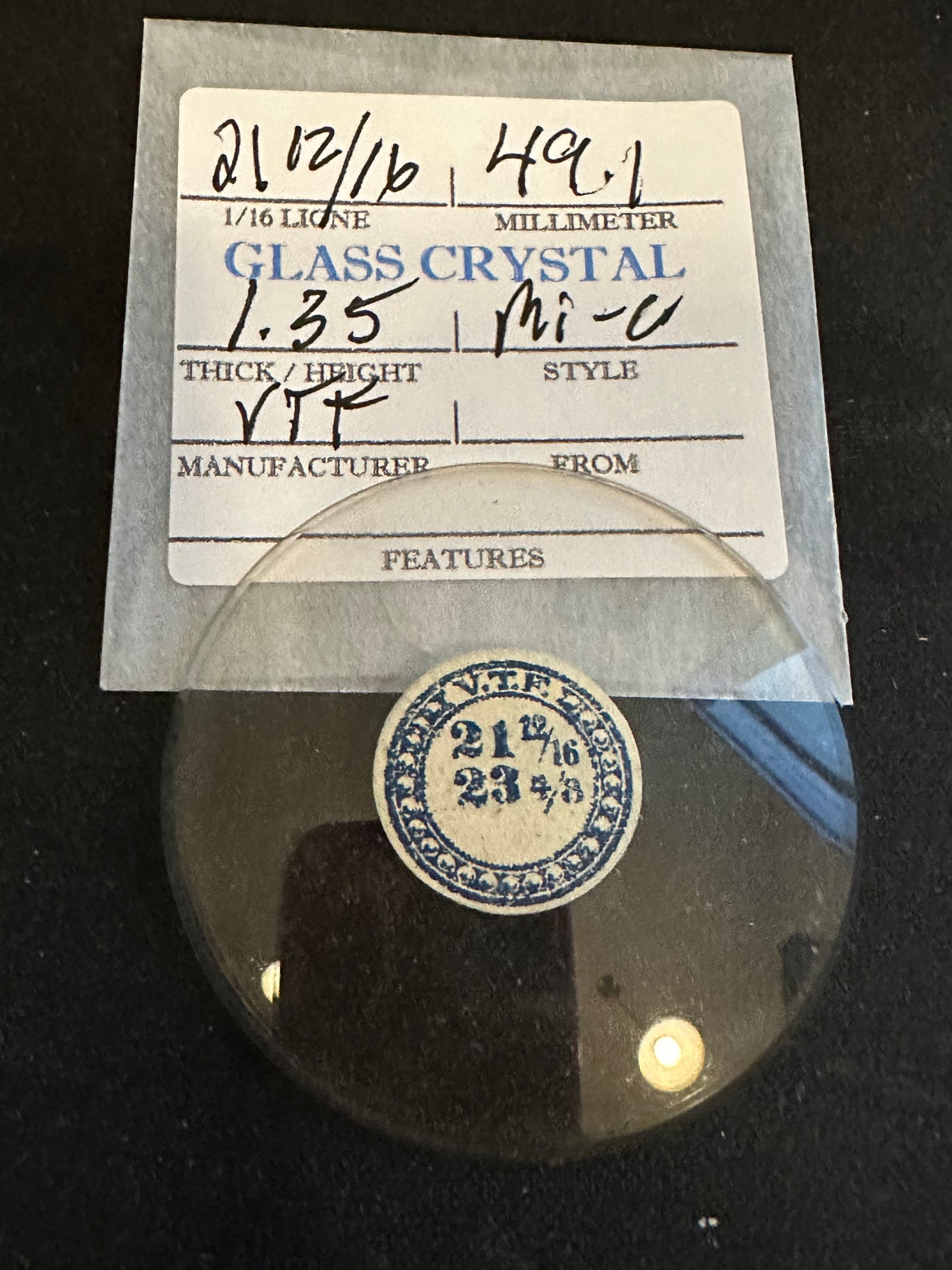 VTF Vintage Glass Pocket Watch Crystal 21-12/16 (~49.1mm) - NOS