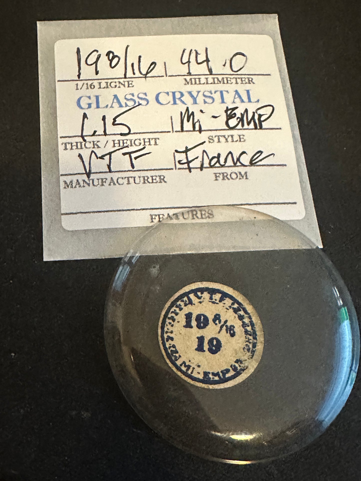 VTF Vintage Glass Pocket Watch Crystal 19-8/16 (~44.0mm) - NOS