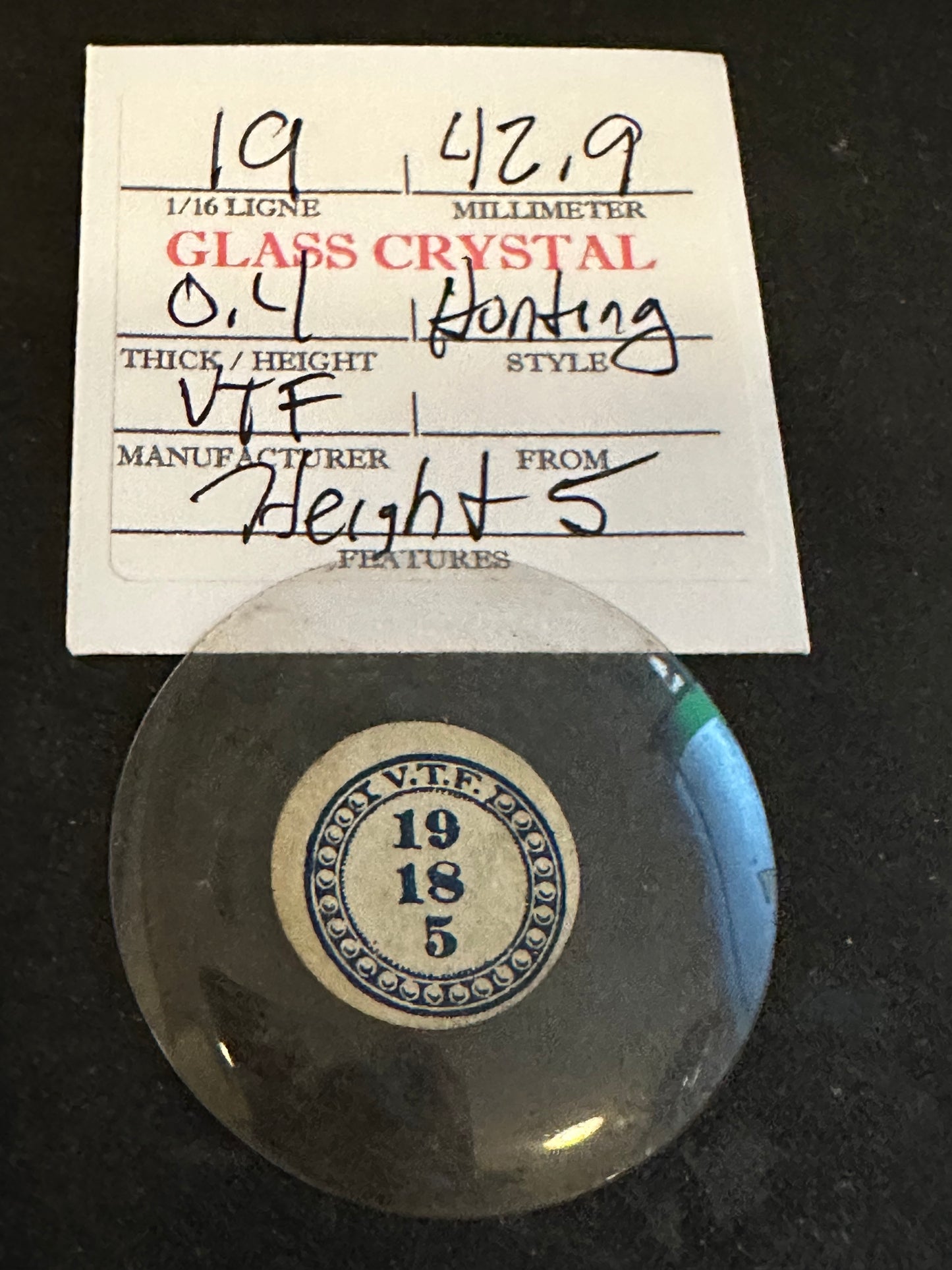 VTF Vintage Glass Hunting Case Watch Crystal 19-0/16 (~42.9mm) - NOS