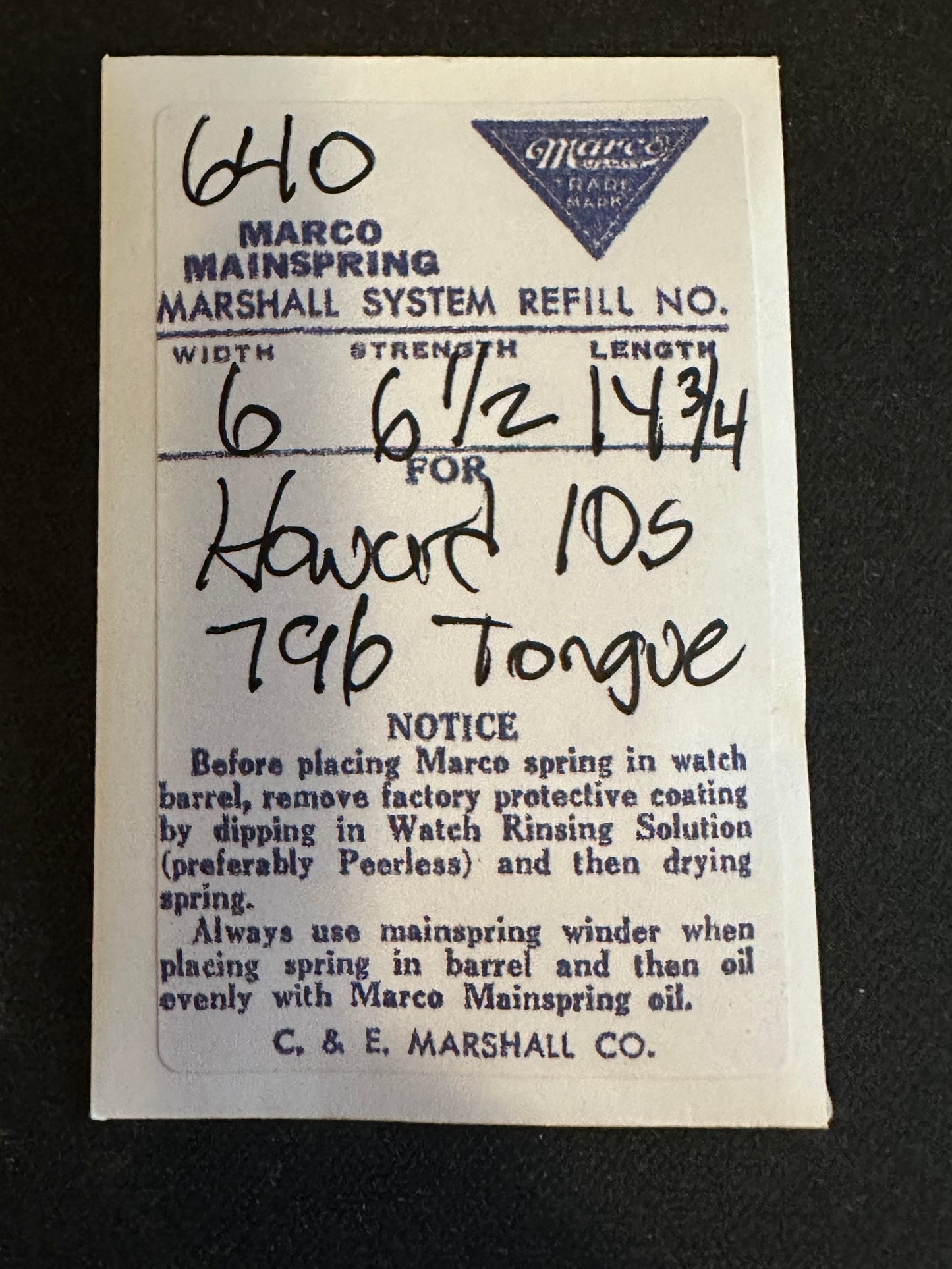 Marco Mainspring #640 for Howard 10s No. 796 - Steel