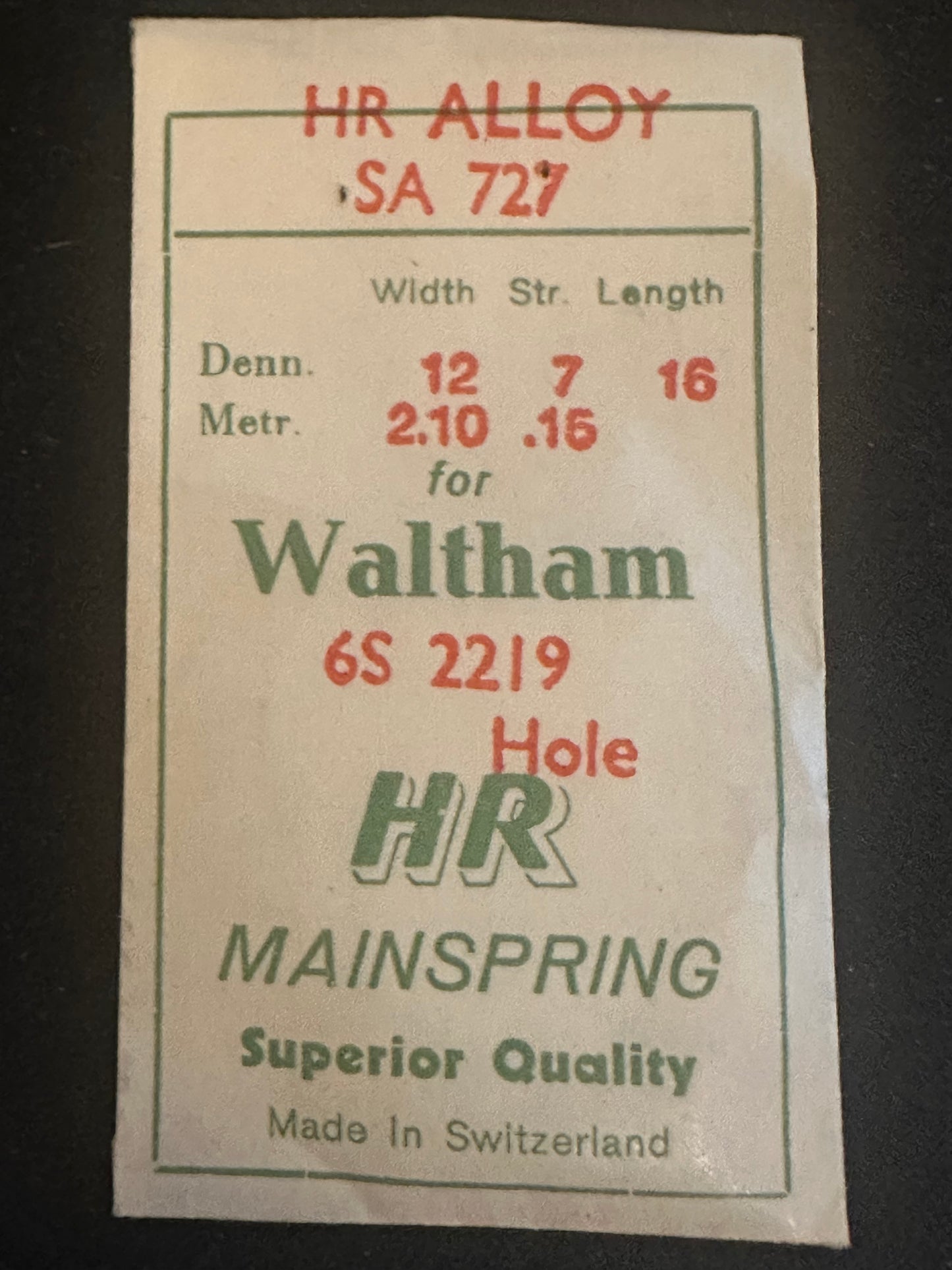 HR Mainspring SA727 for Waltham 6s Factory No. 2219 - Alloy