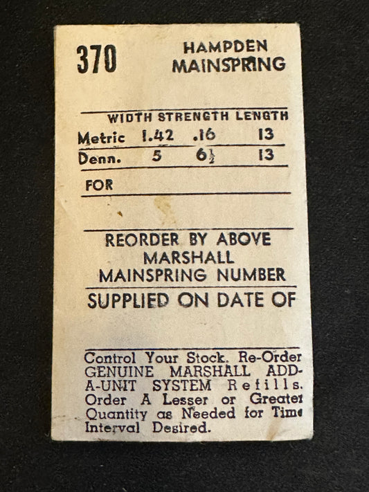 Marco Mainspring #370 for Hampden 3/0s & 5/0s Factory No. 9696 - Steel