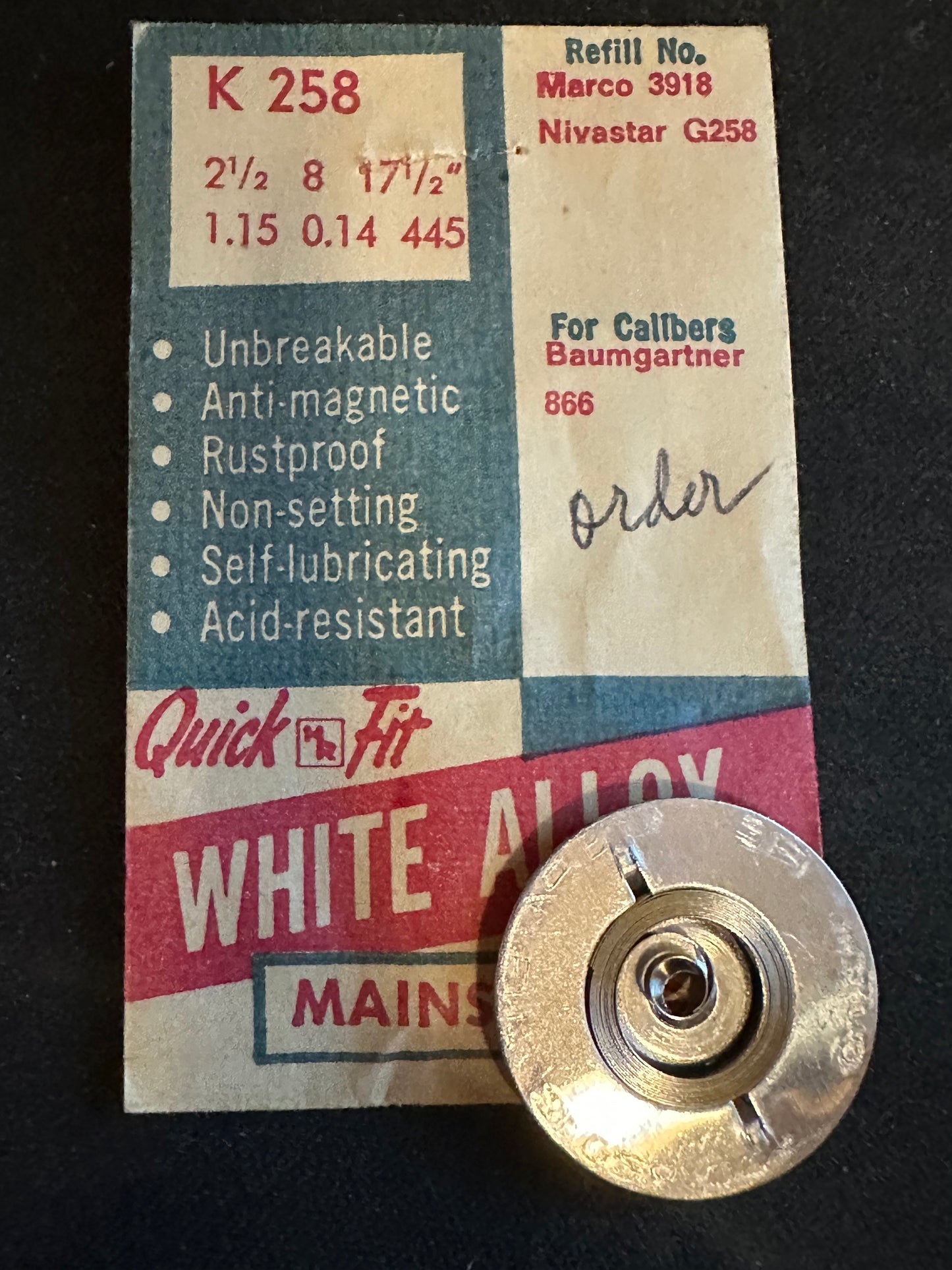 HR Quick Fit Mainspring K258 for Baumgartner caliber 866 - Alloy