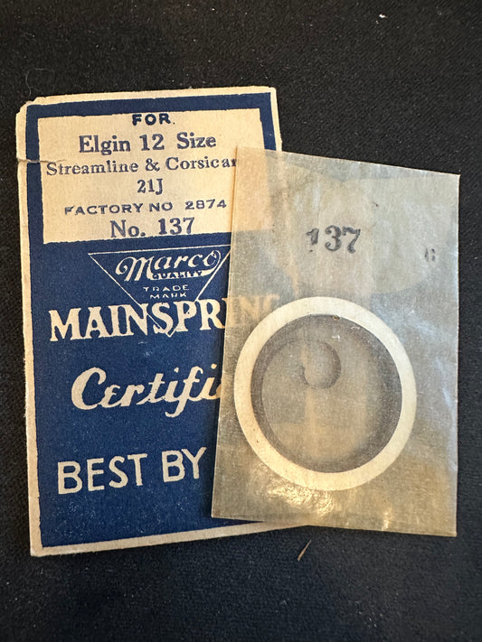 Marco Mainspring #137 for 12s Elgin Corsican 21j Factory No. 2874 - Steel