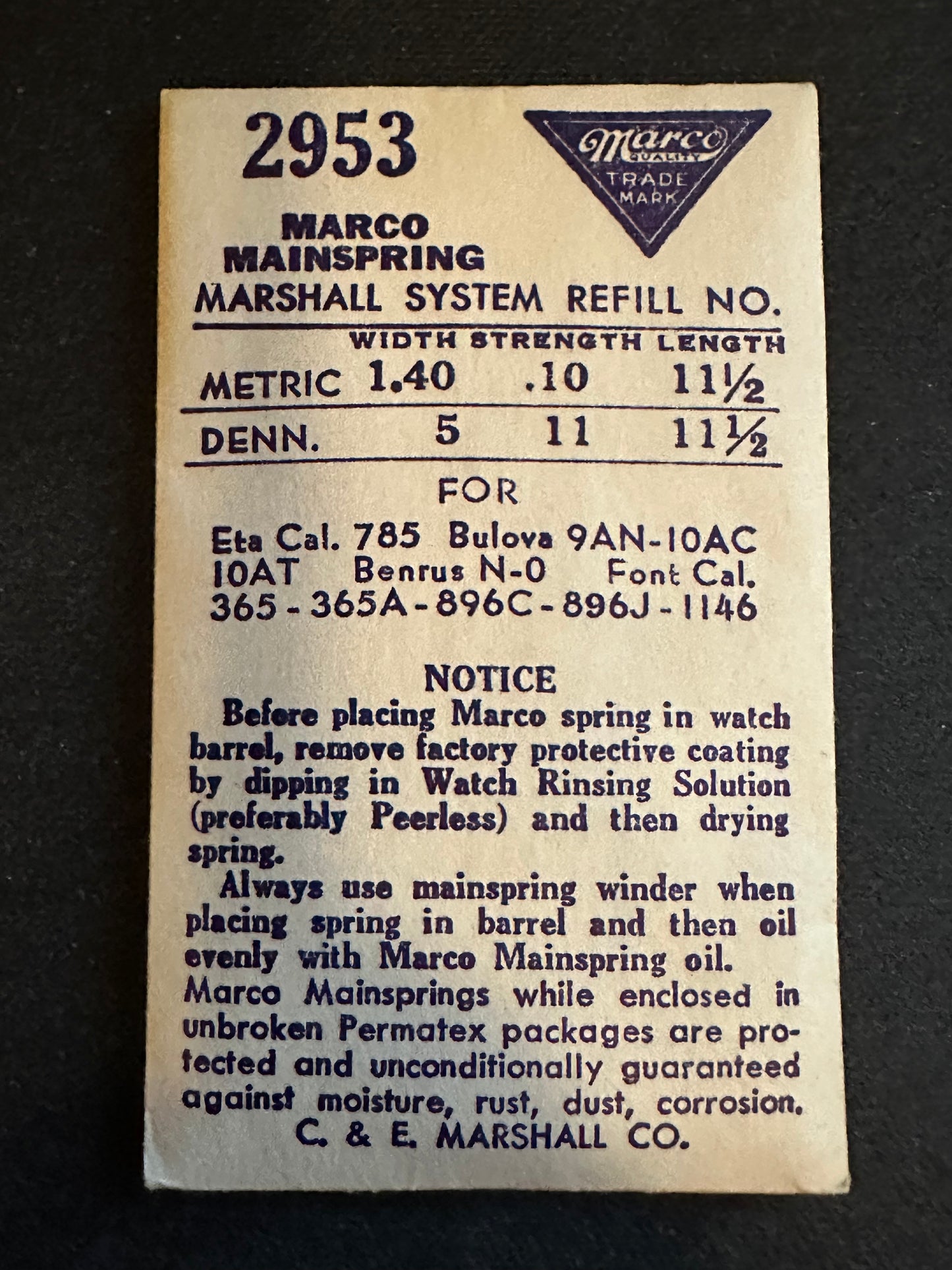 Marco Mainspring No. 2953 for Bulova caliber 9AN, 10AC, 10AT, ETA 785 - Steel