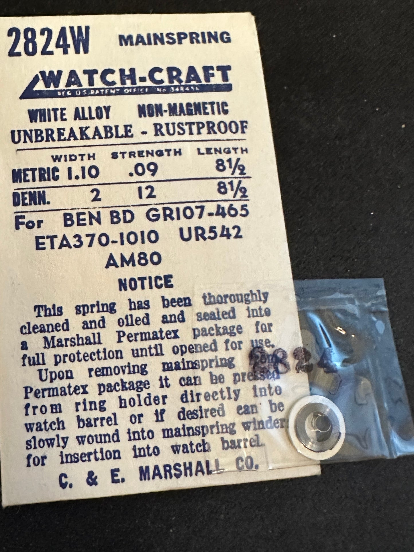 WATCH-CRAFT Mainspring 2824W for A. Michel 80, 85, AS 442, 612, Gruen 106, 465 - Alloy
