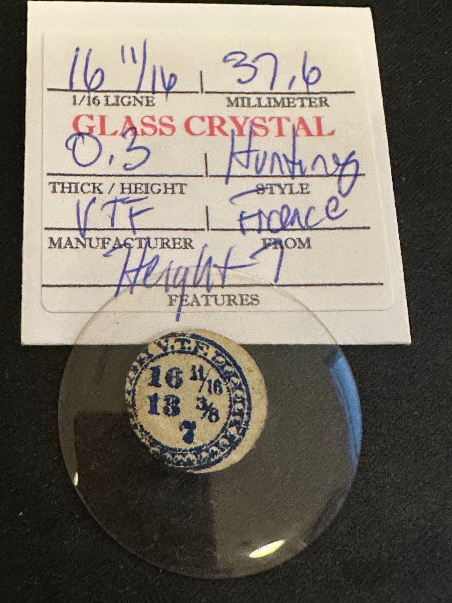 VTF Vintage Glass Hunting Case Watch Crystal 16-11/16 (~37.6mm) - NOS