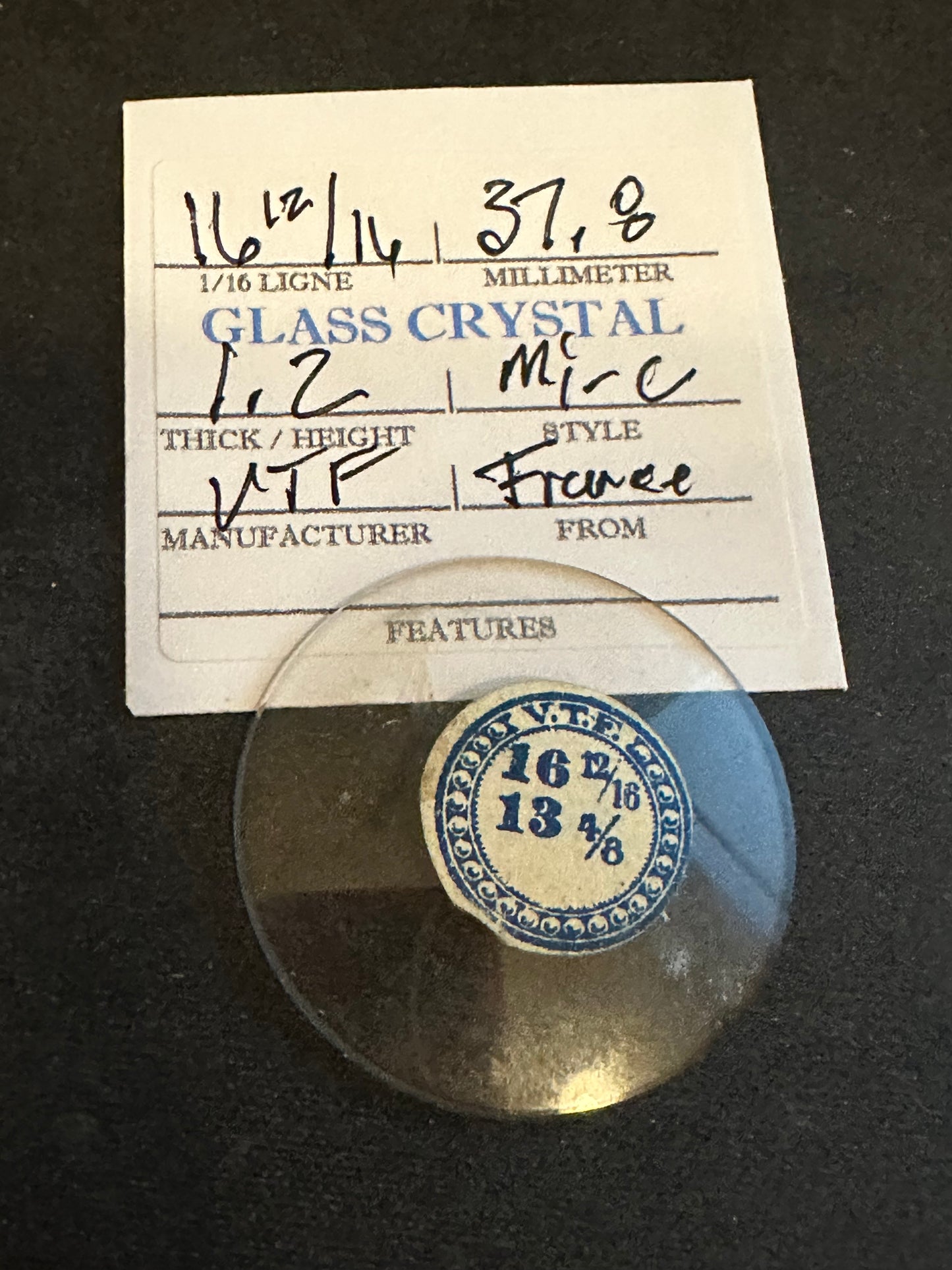 VTF Vintage Glass Pocket Watch Crystal 16-12/16 (~37.8mm) - NOS