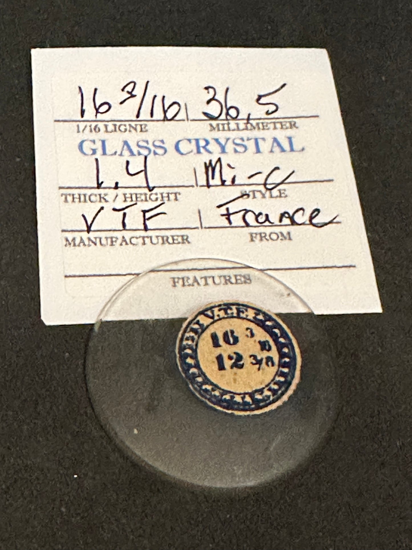 VTF Vintage Glass Pocket Watch Crystal 16-3/16 (~36.5mm) - NOS