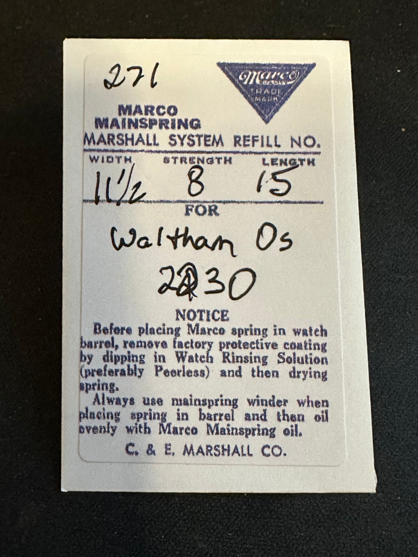 Marco Mainspring #271 for 0s Waltham Factory No. 2230 - Steel