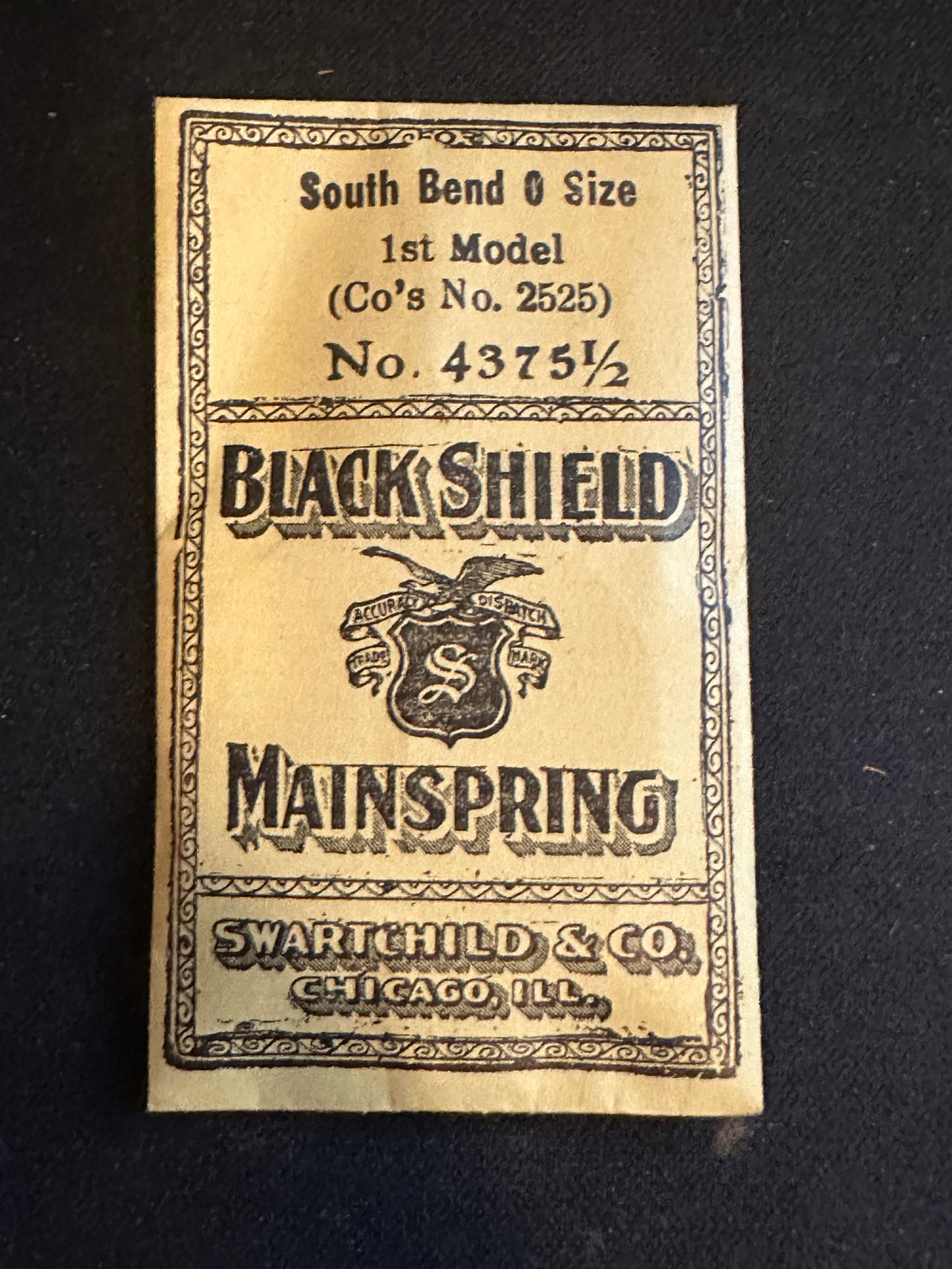 Swartchild Black Shield Mainspring #4375½ for 0s South Bend No. 32528 - Steel