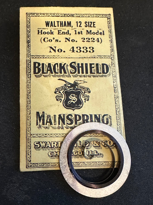Swartchild Black Shield Mainspring #4333 for Waltham 12s movements No. 2224 - Steel