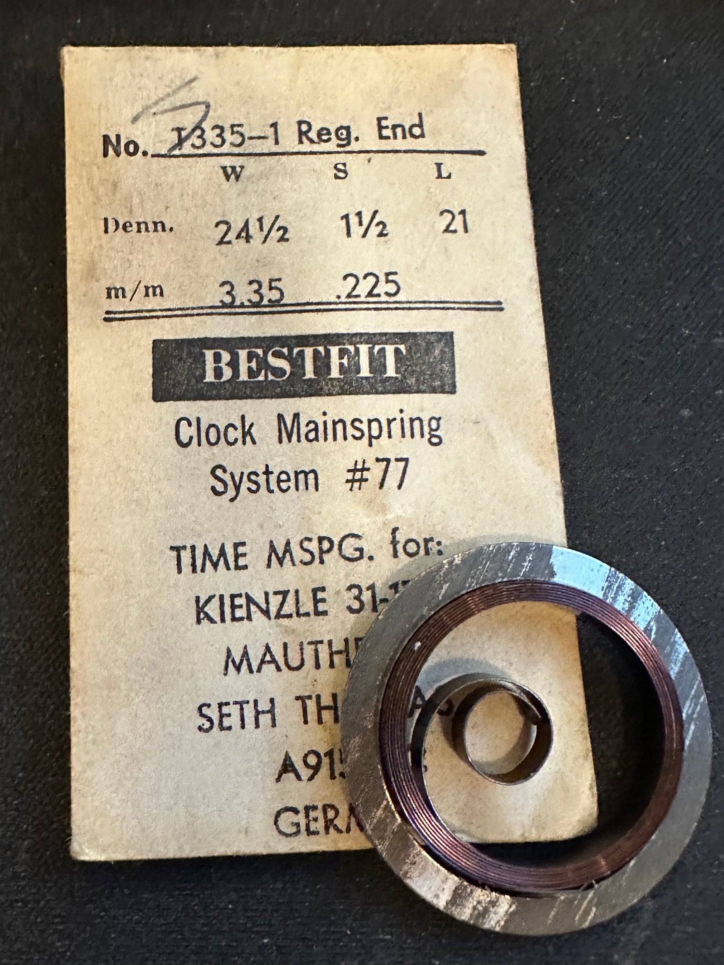 BESTFIT Clock TIME Mainspring for Mauthe 34, Kienzle 31-171, Seth Thomas A915-102, No. T335-1