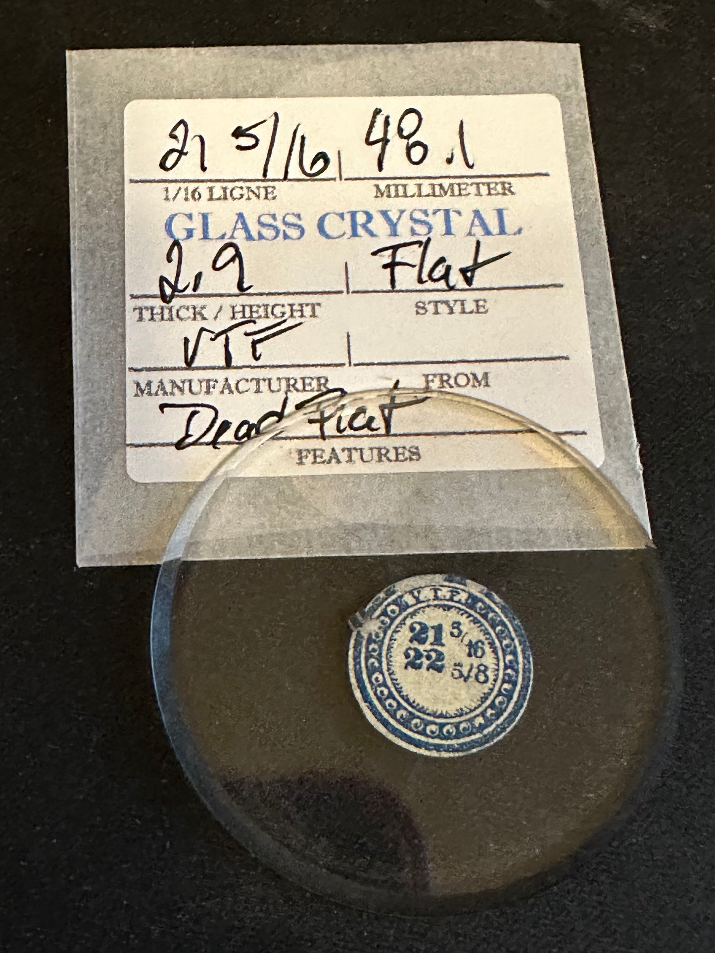 VTF Vintage FLAT Glass Pocket Watch Crystal 21-5/16 (~48.1mm) - NOS