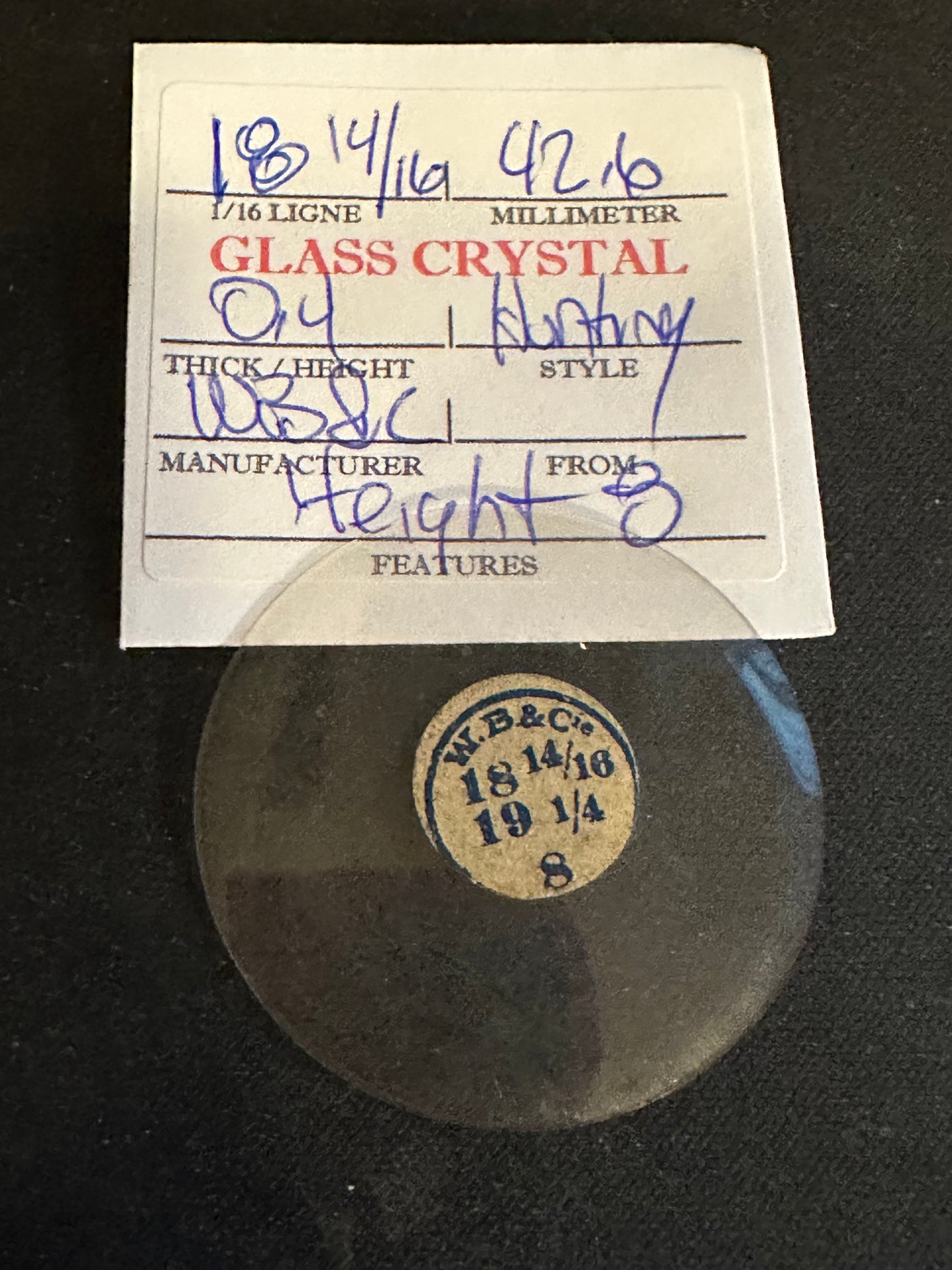W. B. & C. Vintage Glass Hunting Case Watch Crystal 18-14/16 (~42.6mm) - NOS