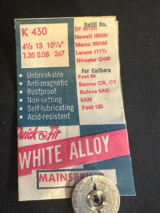 HR Quick Fit Mainspring K430 for Font 64, 120, Bulova 6AH, 6AM, Benrus CR, CY - Alloy